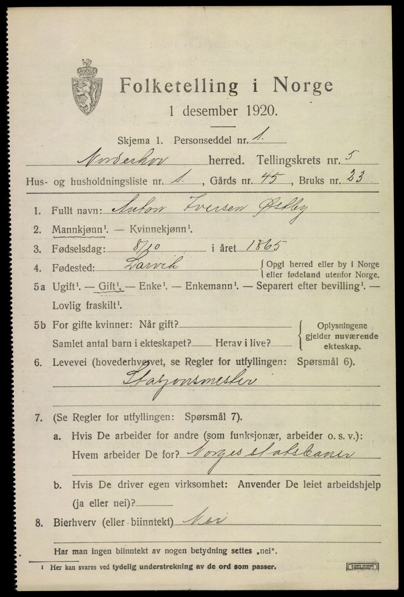 SAKO, 1920 census for Norderhov, 1920, p. 7399