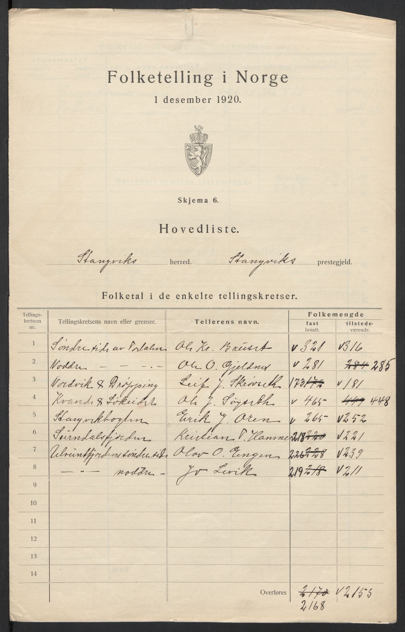 SAT, 1920 census for Stangvik, 1920, p. 5