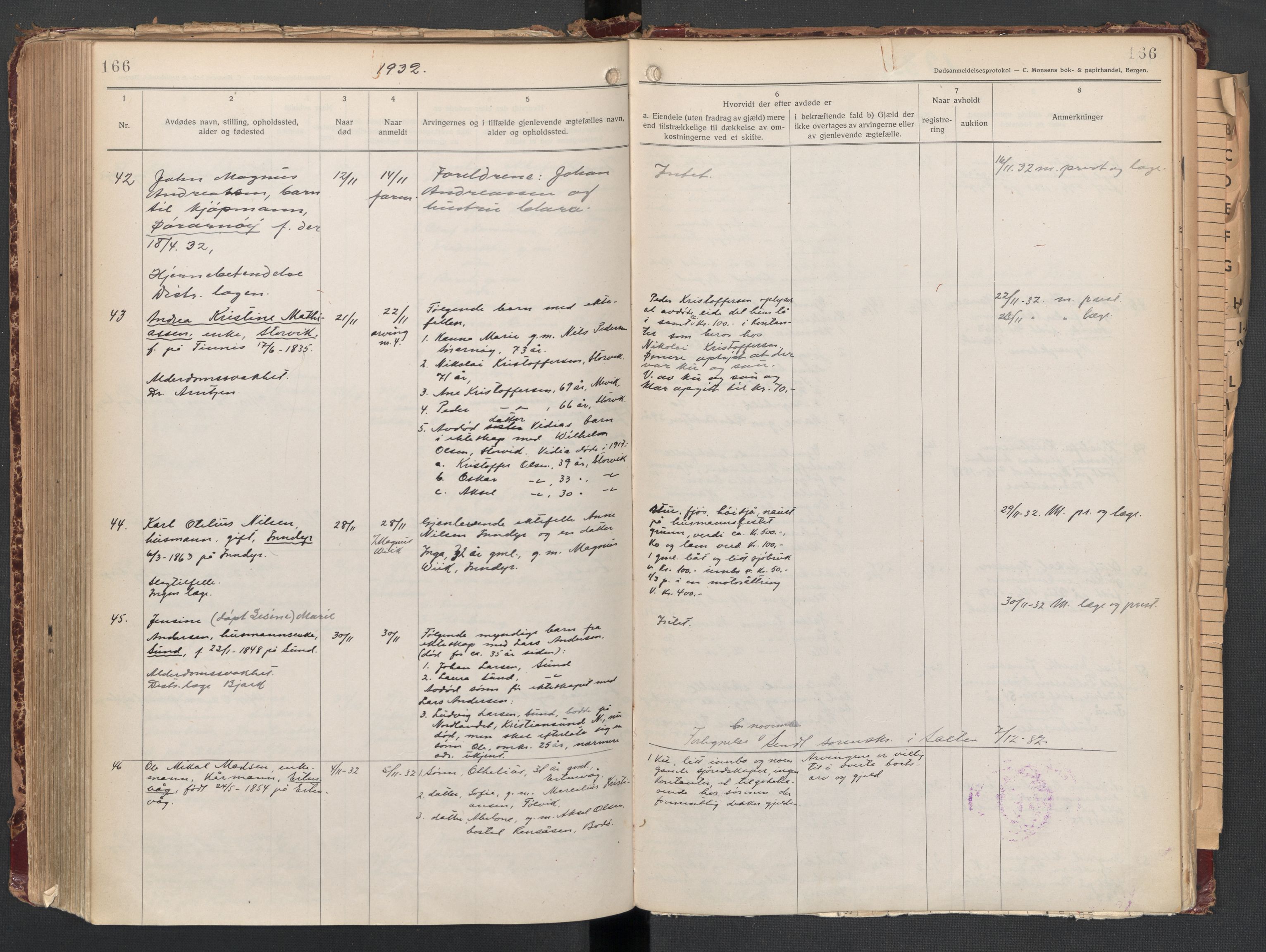 Gildeskål lensmannskontor, AV/SAT-A-4368/1/02/L0008: 2.01.08 - Dødsfallsprotokoll, 1917-1934, p. 166