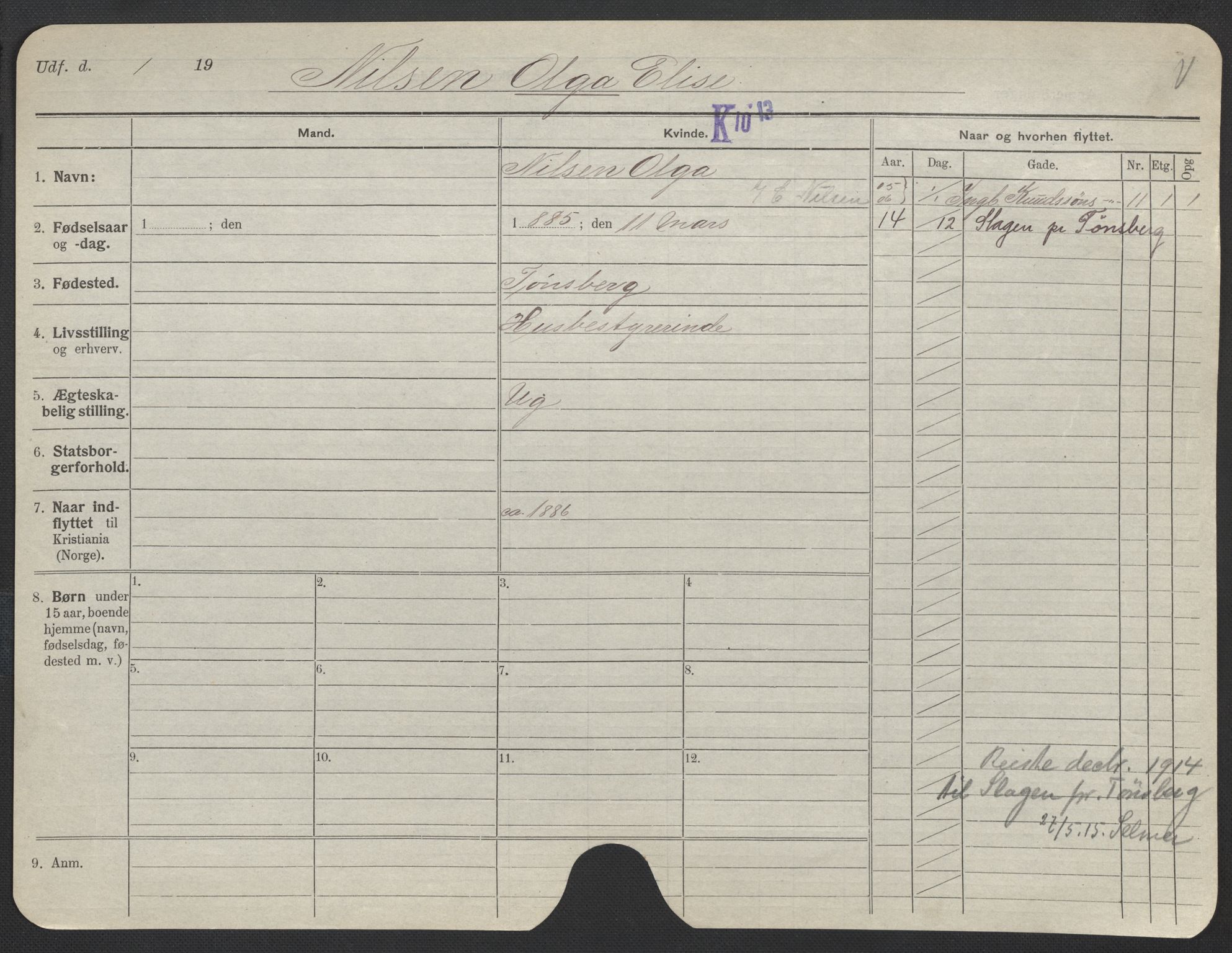 Oslo folkeregister, Registerkort, AV/SAO-A-11715/F/Fa/Fac/L0021: Kvinner, 1906-1914, p. 456a