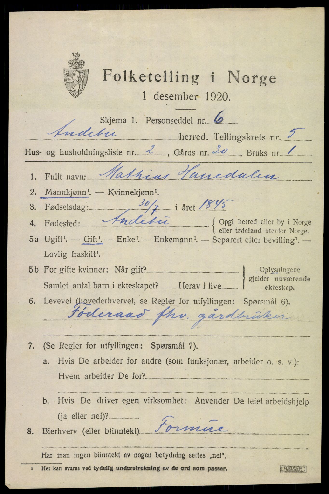 SAKO, 1920 census for Andebu, 1920, p. 2660