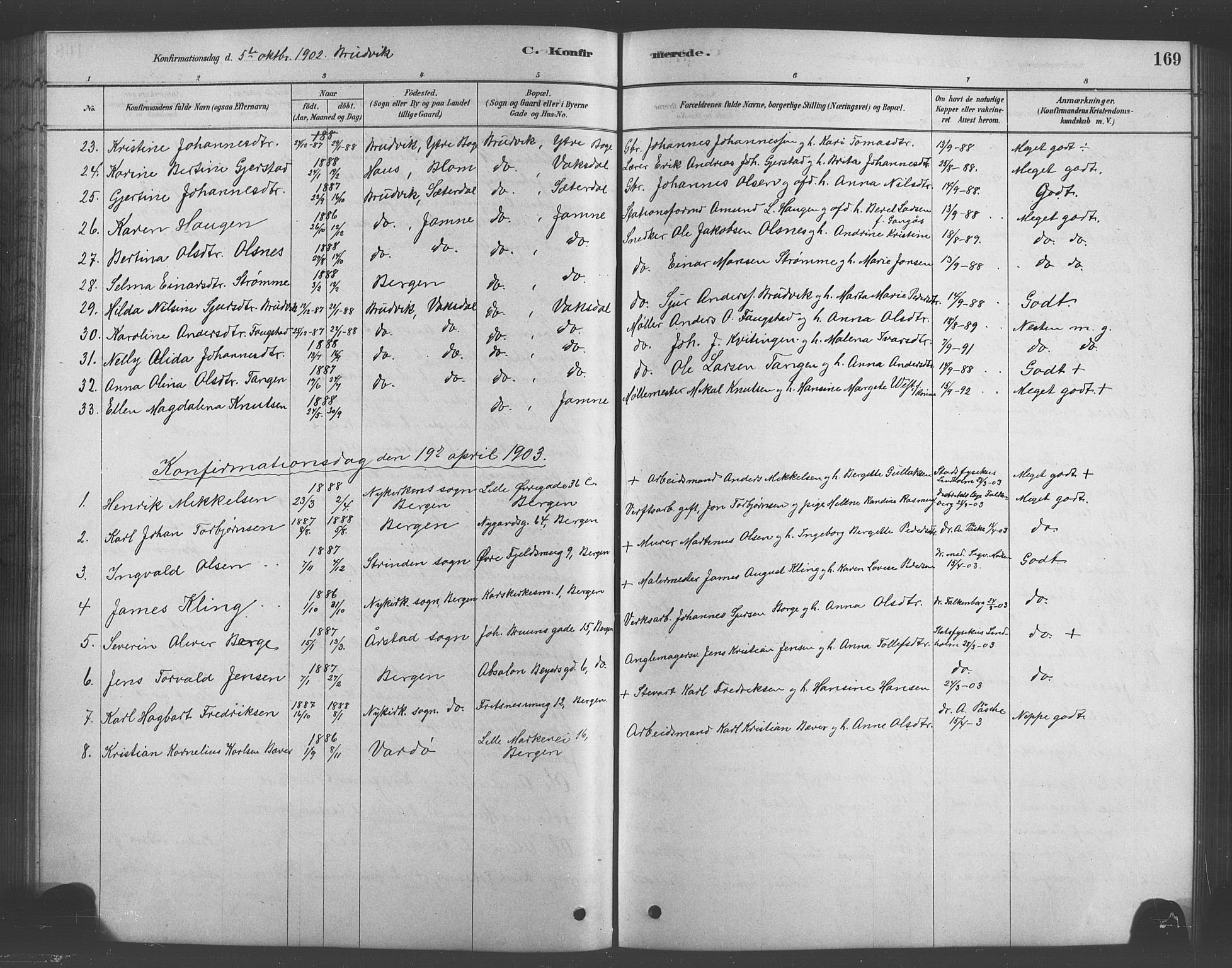 Bruvik Sokneprestembete, SAB/A-74701/H/Hab: Parish register (copy) no. A 1, 1878-1907, p. 169