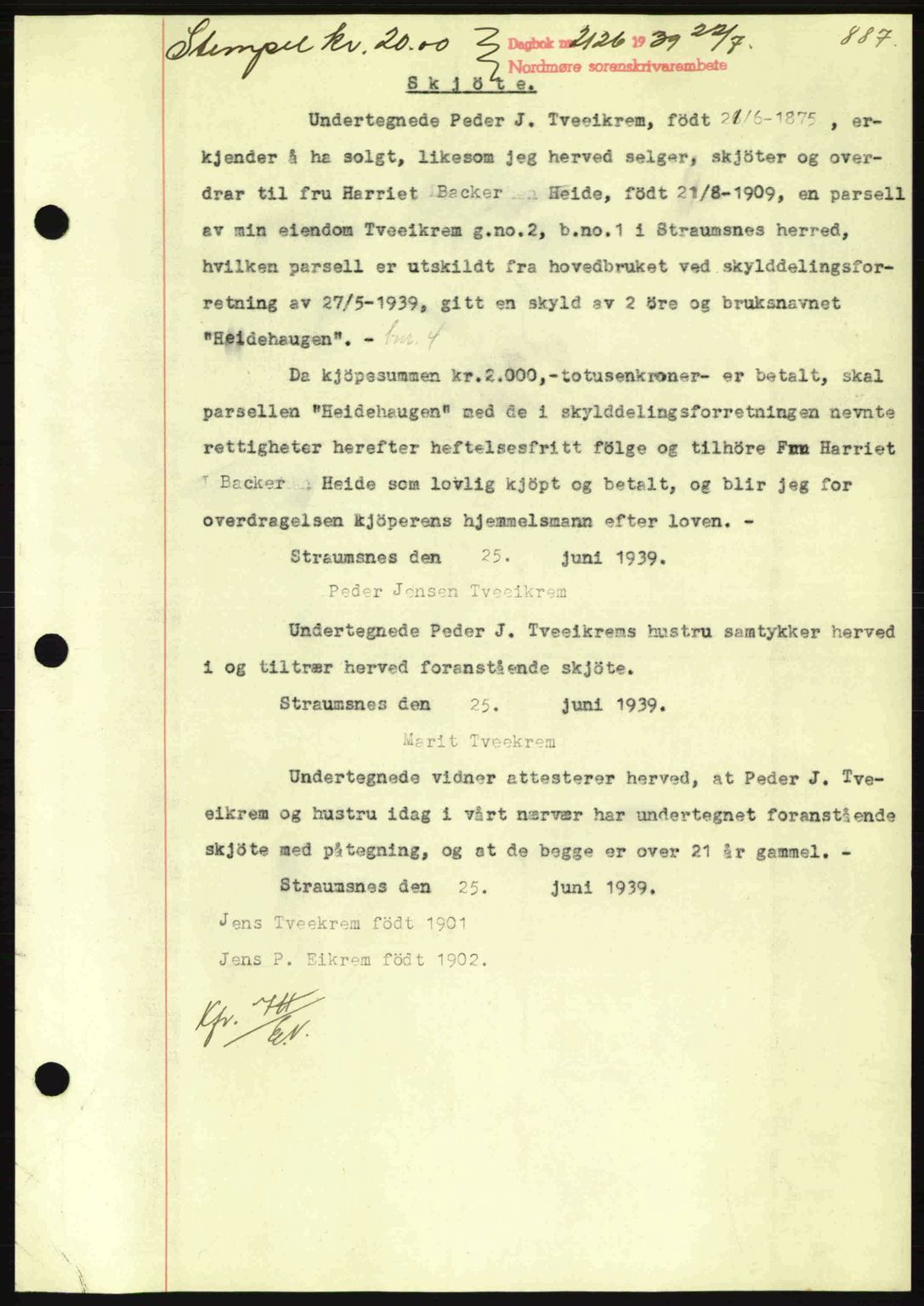 Nordmøre sorenskriveri, AV/SAT-A-4132/1/2/2Ca: Mortgage book no. A86, 1939-1939, Diary no: : 2126/1939