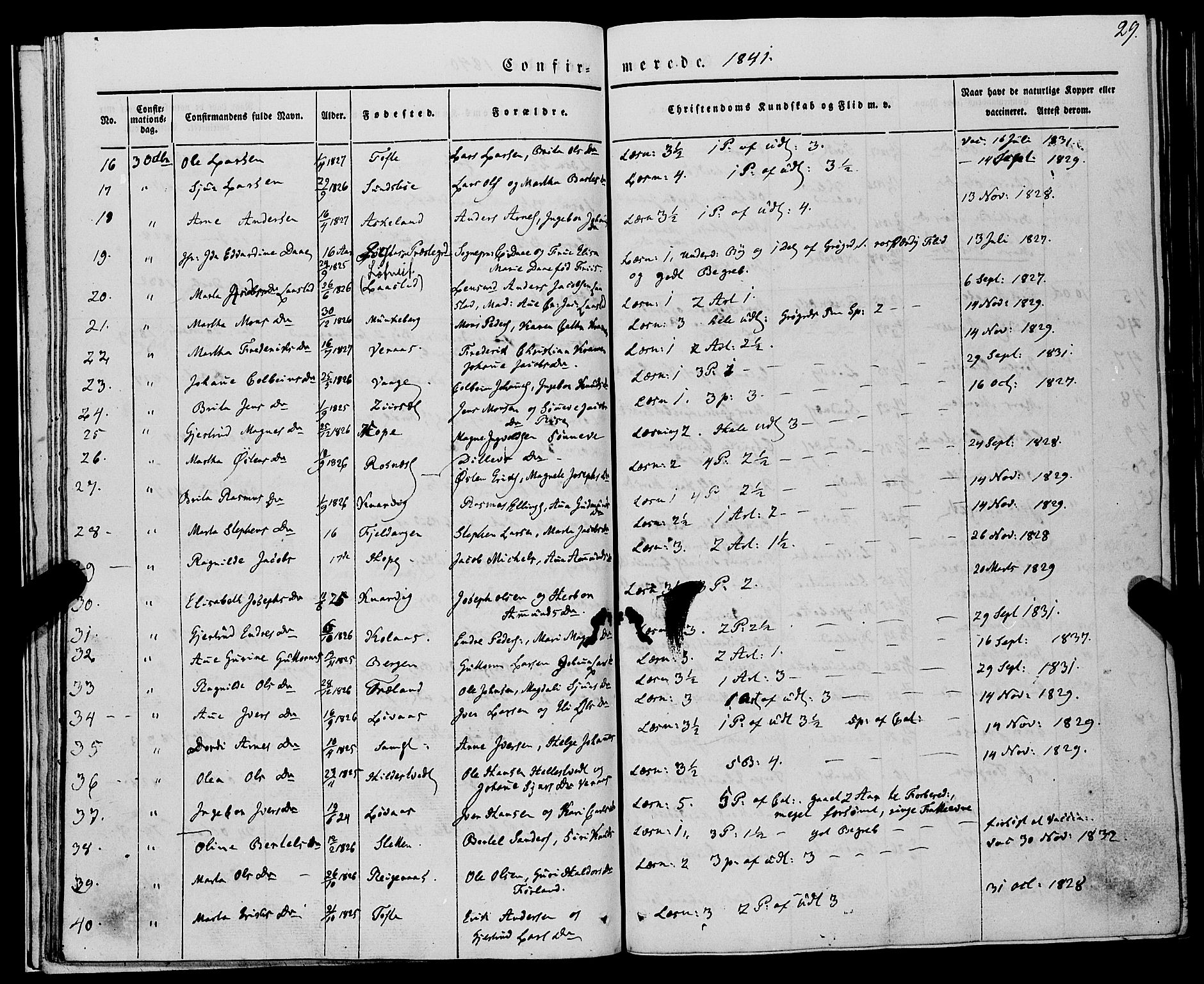 Lindås Sokneprestembete, AV/SAB-A-76701/H/Haa/Haaa/L0012: Parish register (official) no. A 12, 1836-1848, p. 29