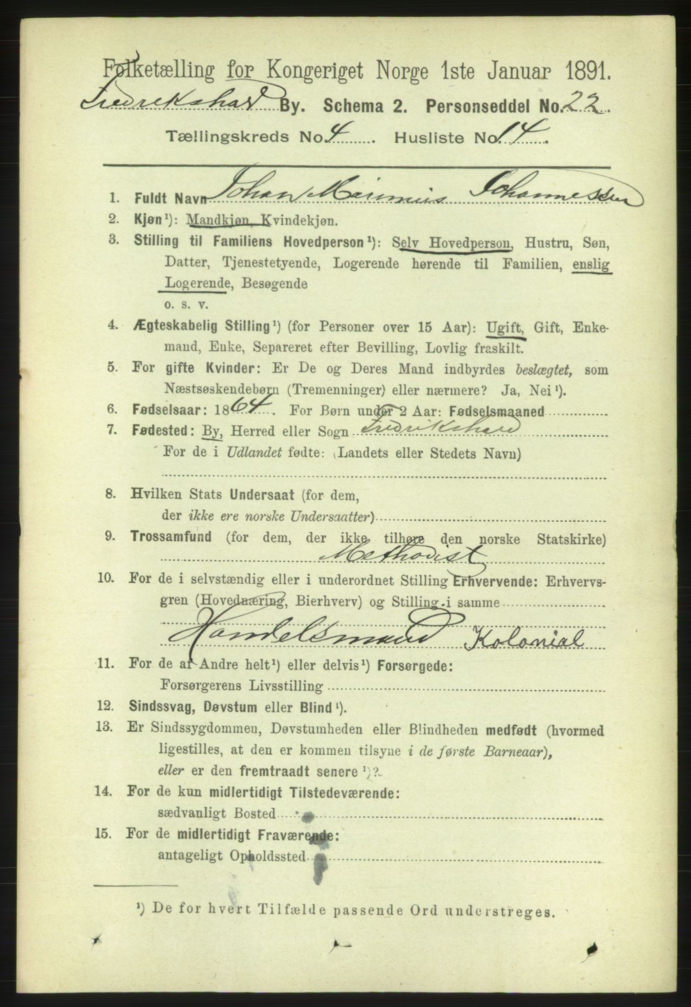 RA, 1891 census for 0101 Fredrikshald, 1891, p. 3882