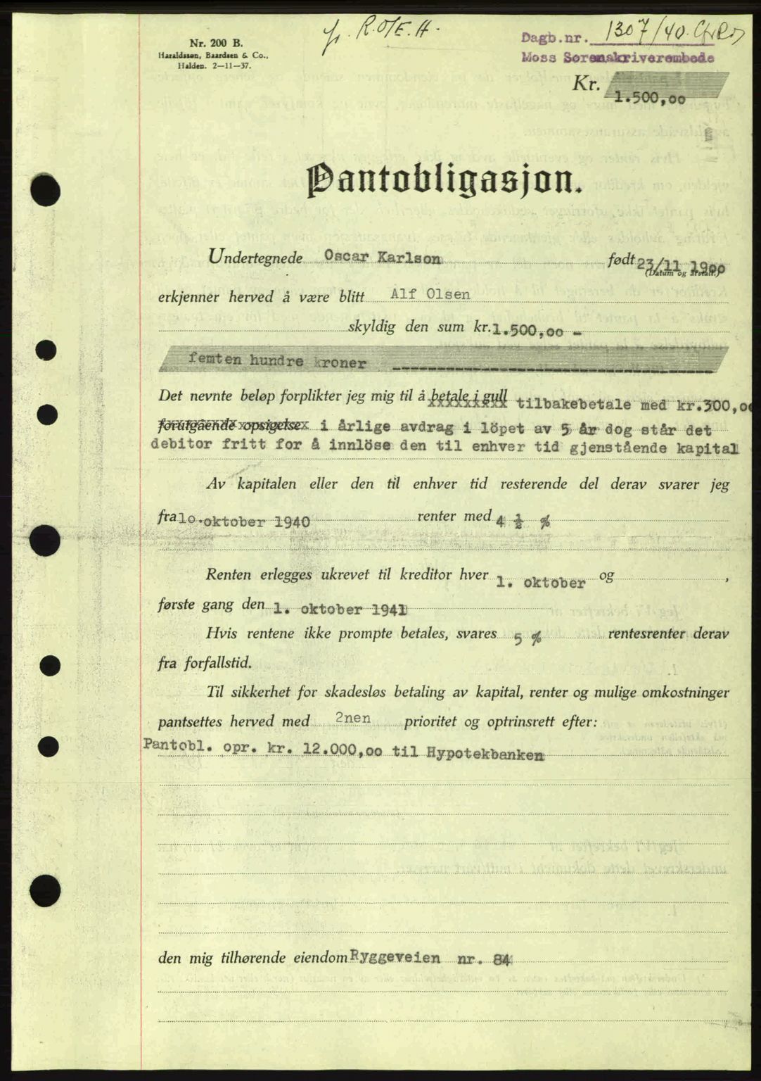 Moss sorenskriveri, SAO/A-10168: Mortgage book no. B10, 1940-1941, Diary no: : 1307/1940