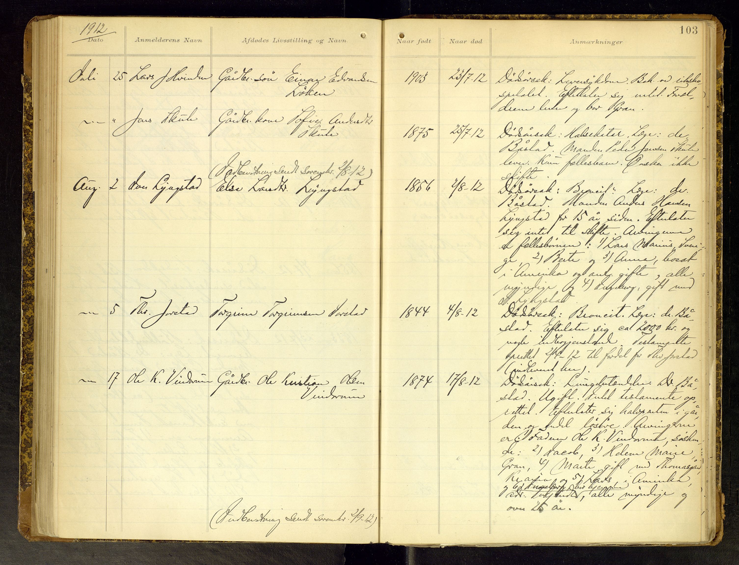 Gran lensmannskontor, AV/SAH-LOG-010/H/Ha/L0002: Dødsfallsprotokoll, 1899-1917, p. 103