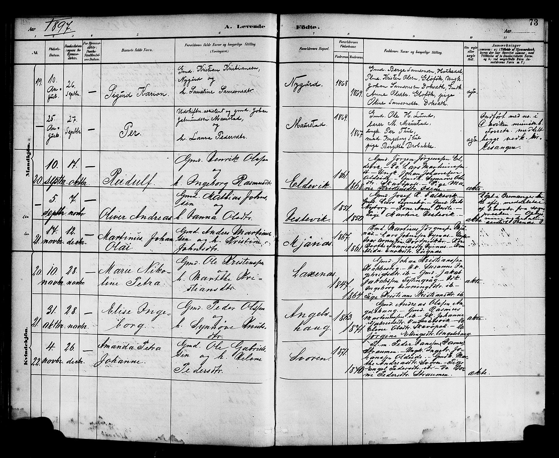 Davik sokneprestembete, AV/SAB-A-79701/H/Haa/Haad/L0001: Parish register (official) no. D 1, 1882-1900, p. 73