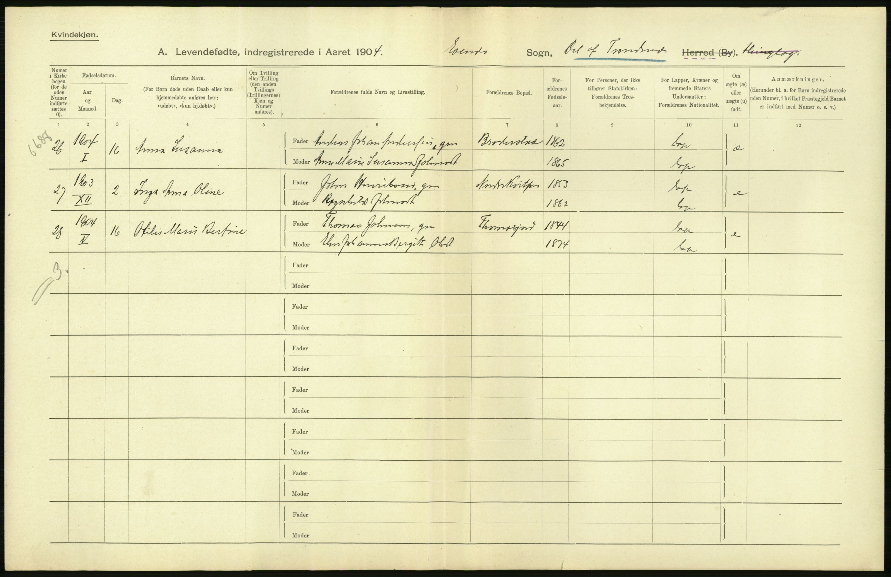 Statistisk sentralbyrå, Sosiodemografiske emner, Befolkning, AV/RA-S-2228/D/Df/Dfa/Dfab/L0022: Tromsø amt: Fødte, gifte, døde, 1904, p. 6