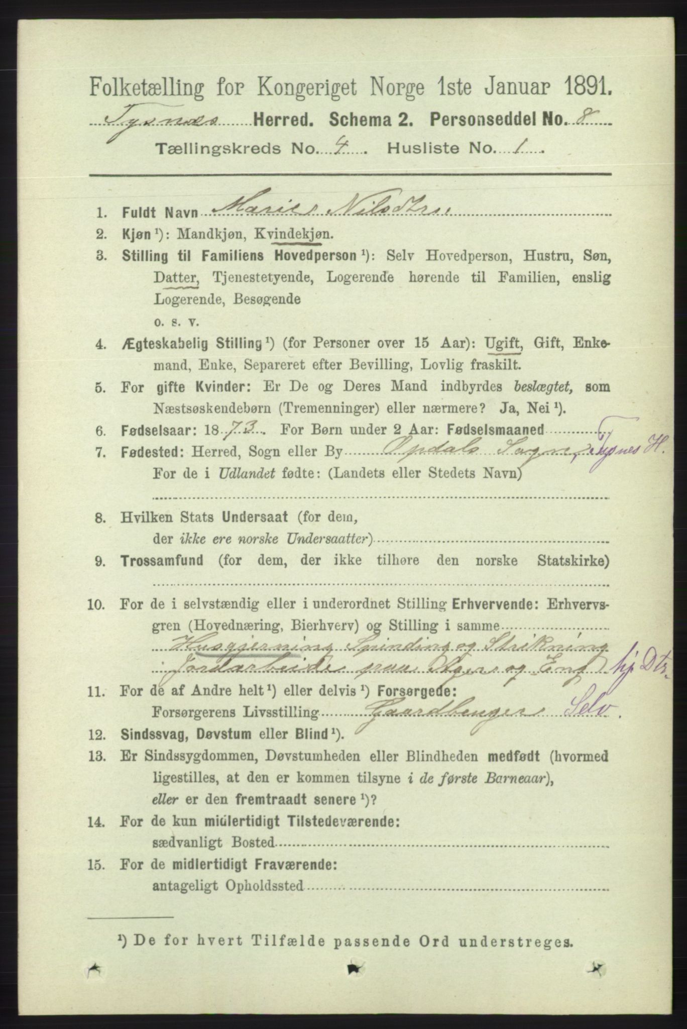 RA, 1891 census for 1223 Tysnes, 1891, p. 1539