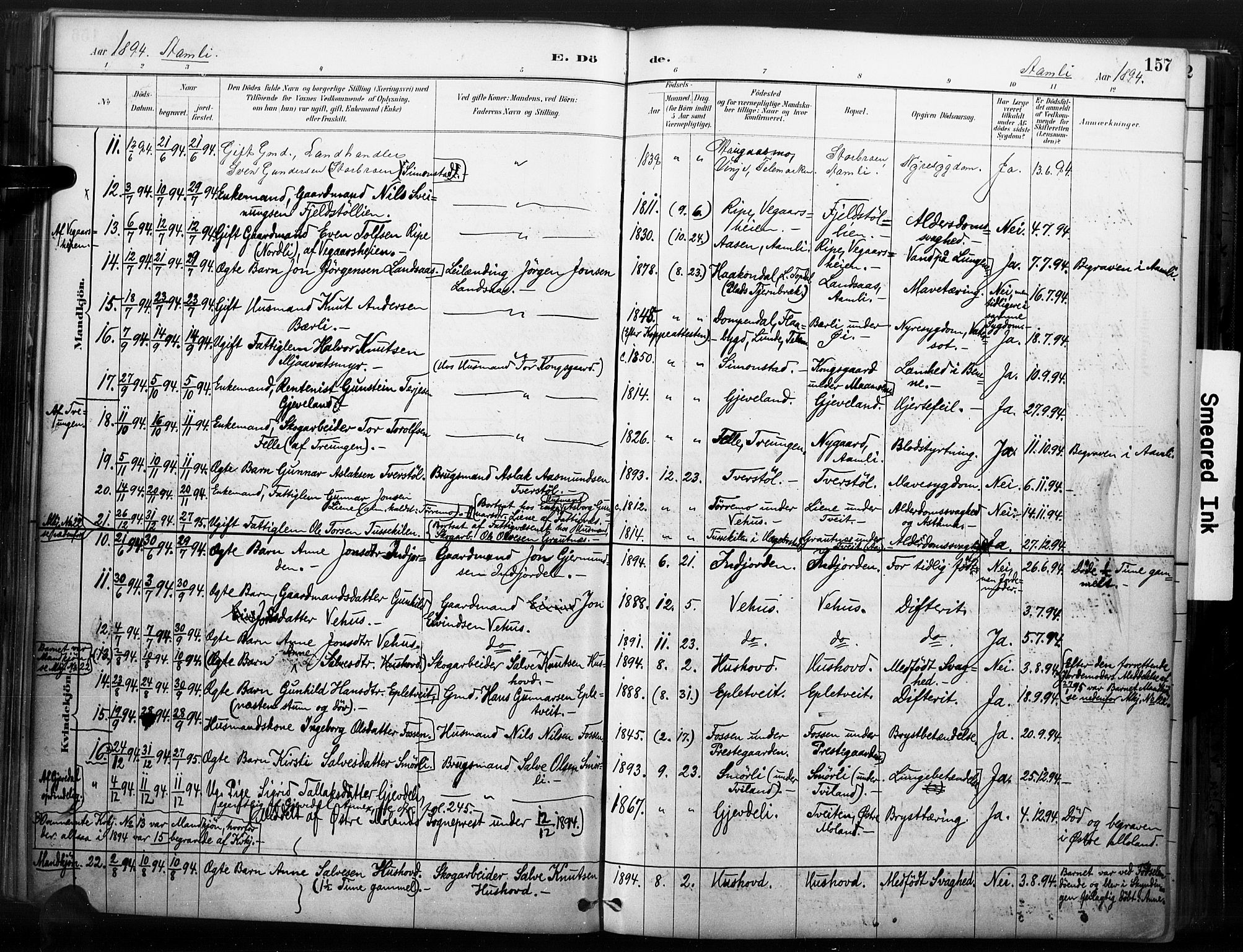 Åmli sokneprestkontor, SAK/1111-0050/F/Fa/Fac/L0010: Parish register (official) no. A 10 /1, 1885-1899, p. 157