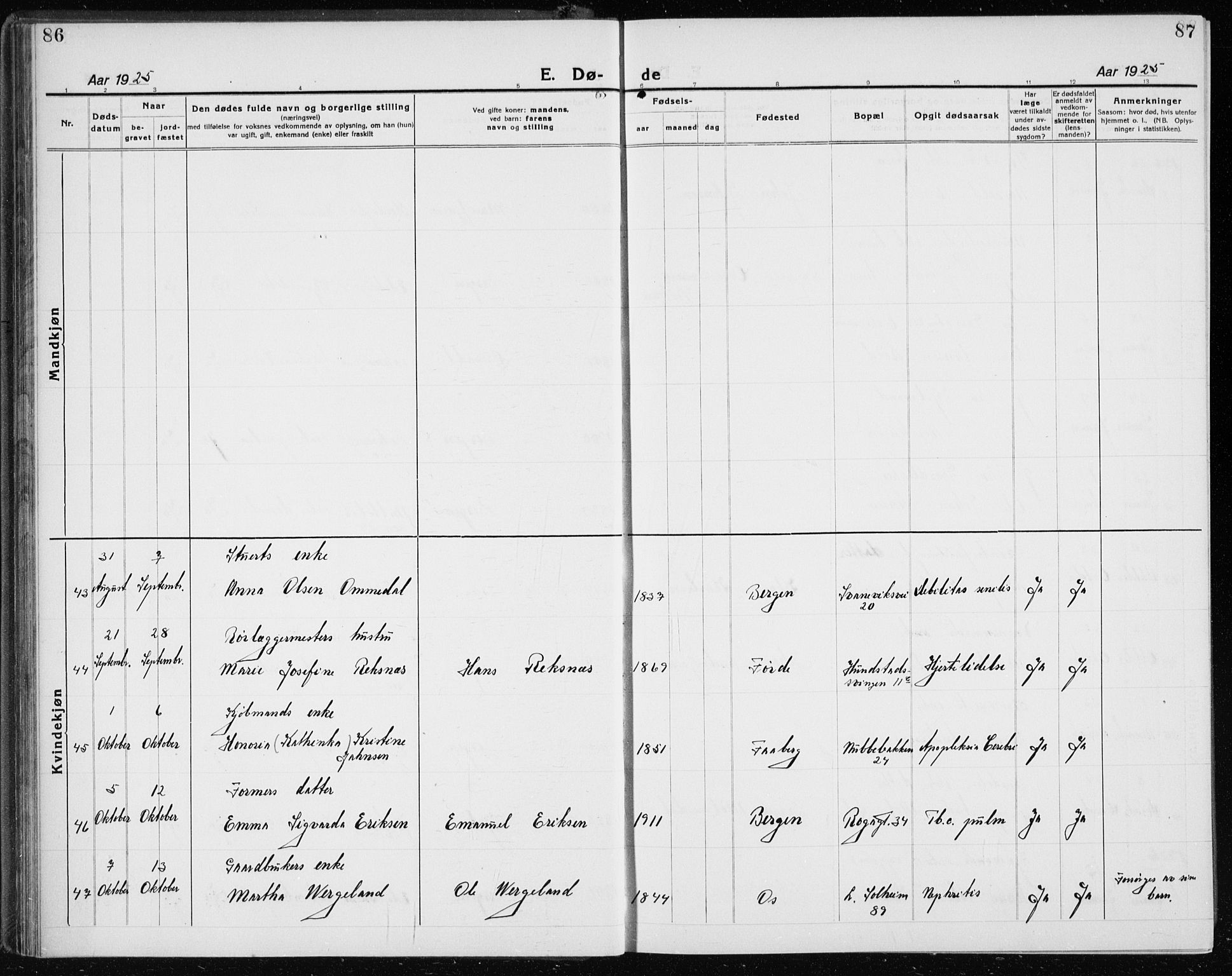 Årstad Sokneprestembete, AV/SAB-A-79301/H/Hab/L0025: Parish register (copy) no. D 2, 1922-1940, p. 86-87