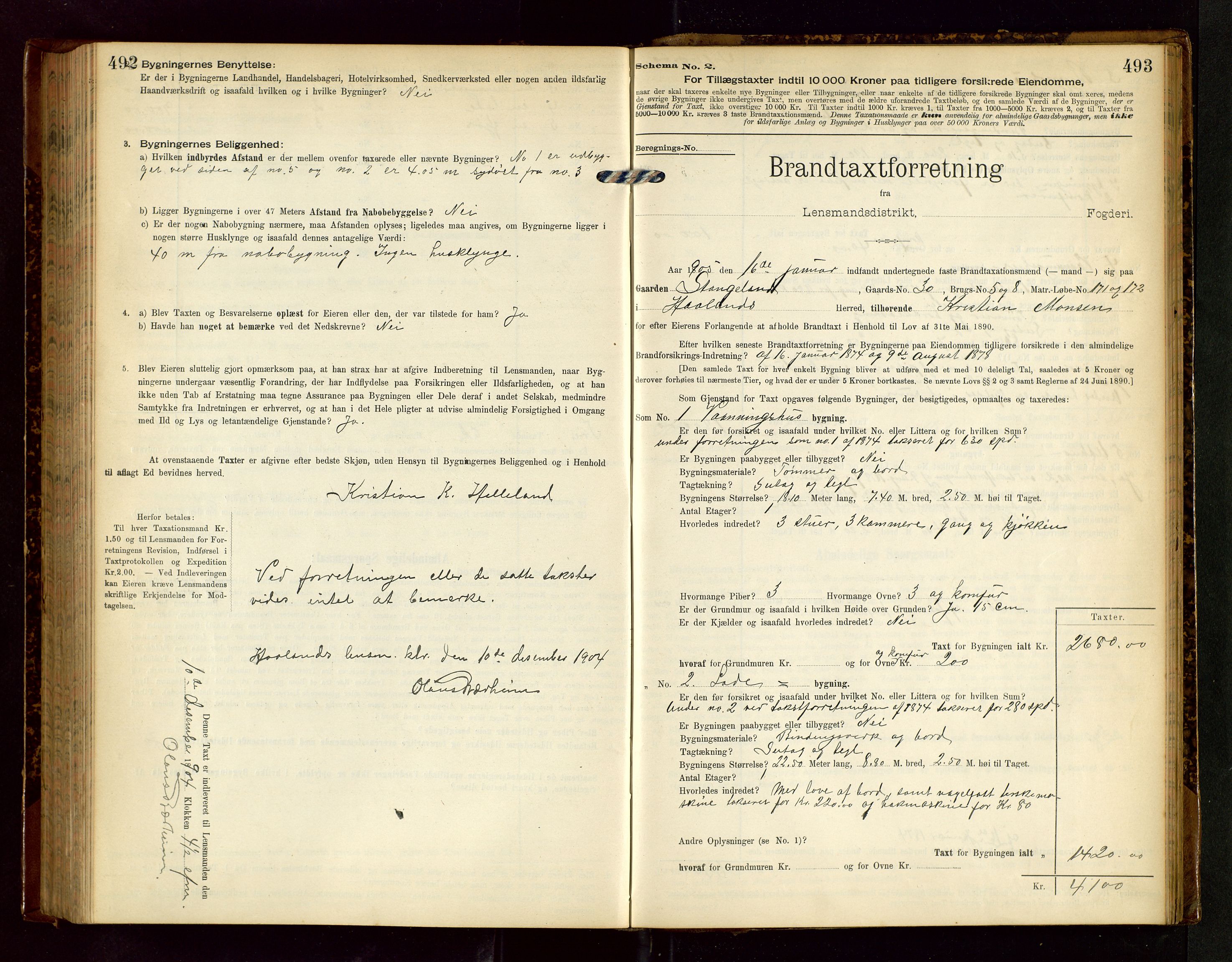 Håland lensmannskontor, SAST/A-100100/Gob/L0002: Branntakstprotokoll - skjematakst. Register i boken., 1902-1906, p. 492-493