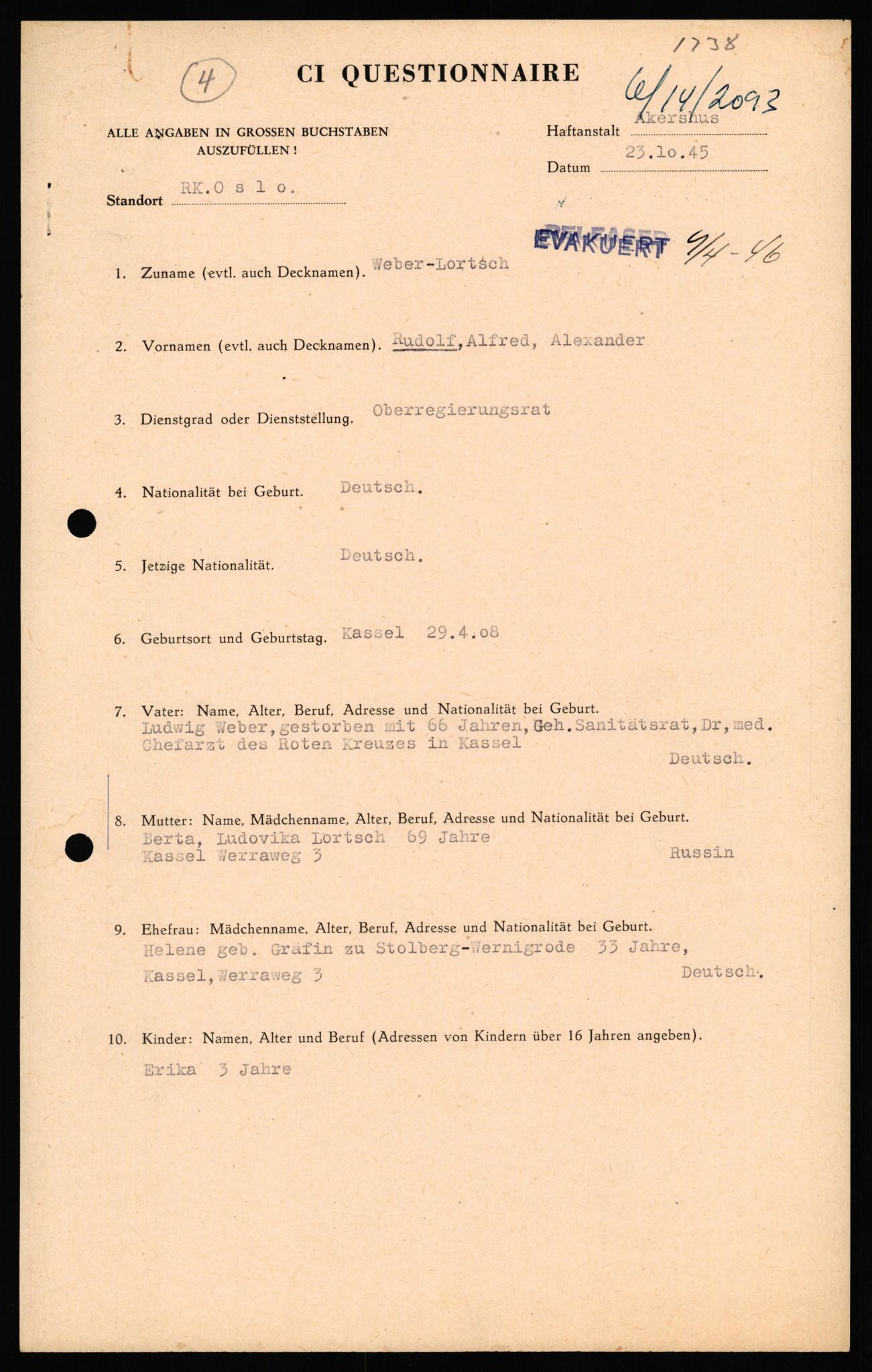 Forsvaret, Forsvarets overkommando II, AV/RA-RAFA-3915/D/Db/L0035: CI Questionaires. Tyske okkupasjonsstyrker i Norge. Tyskere., 1945-1946, p. 20