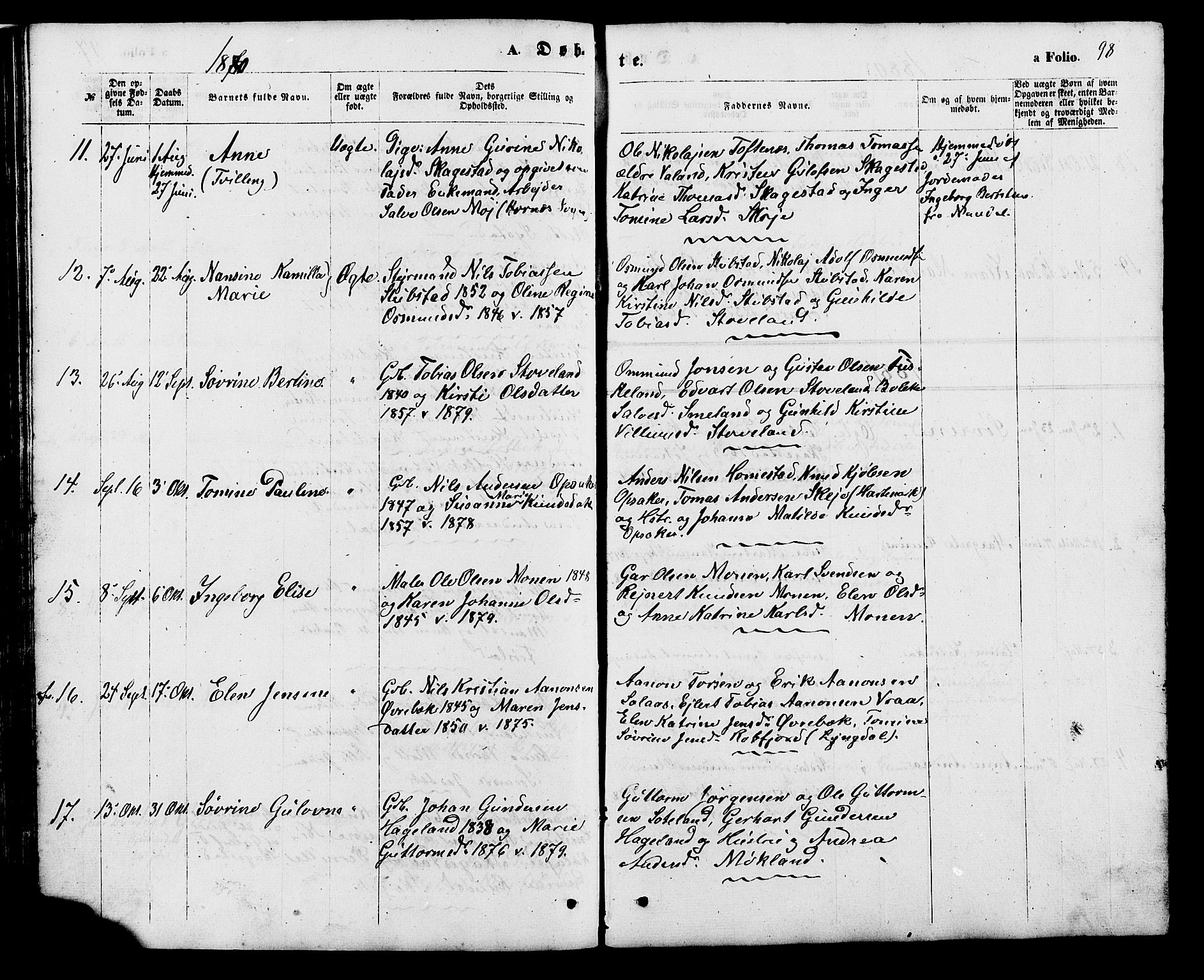 Holum sokneprestkontor, AV/SAK-1111-0022/F/Fb/Fba/L0004: Parish register (copy) no. B 4, 1867-1890, p. 98