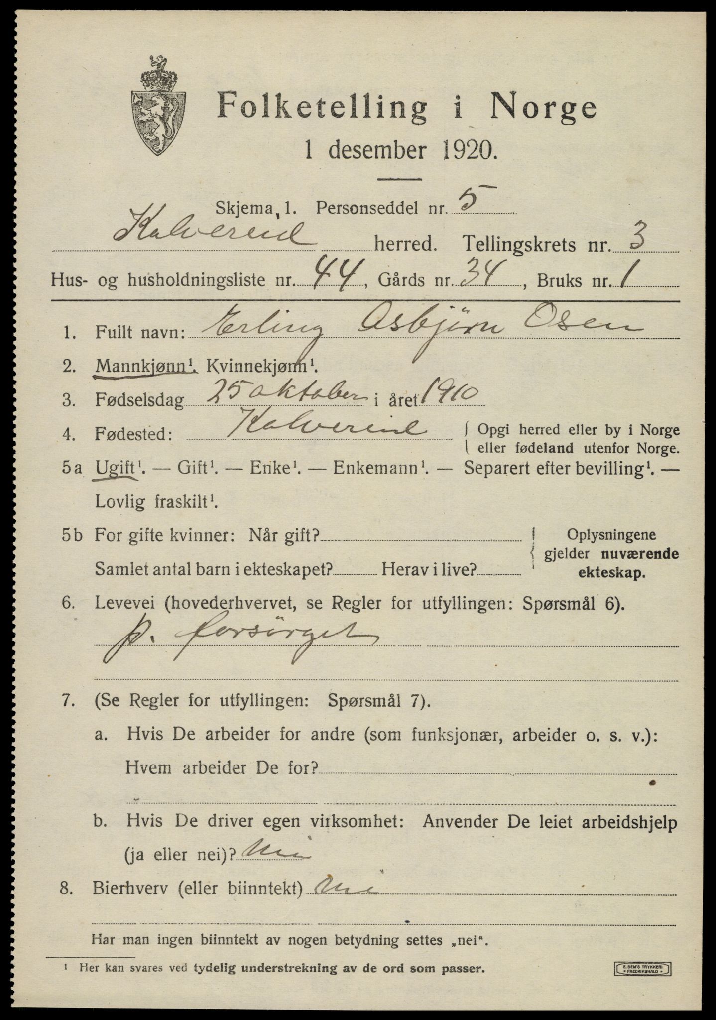 SAT, 1920 census for Kolvereid, 1920, p. 2447