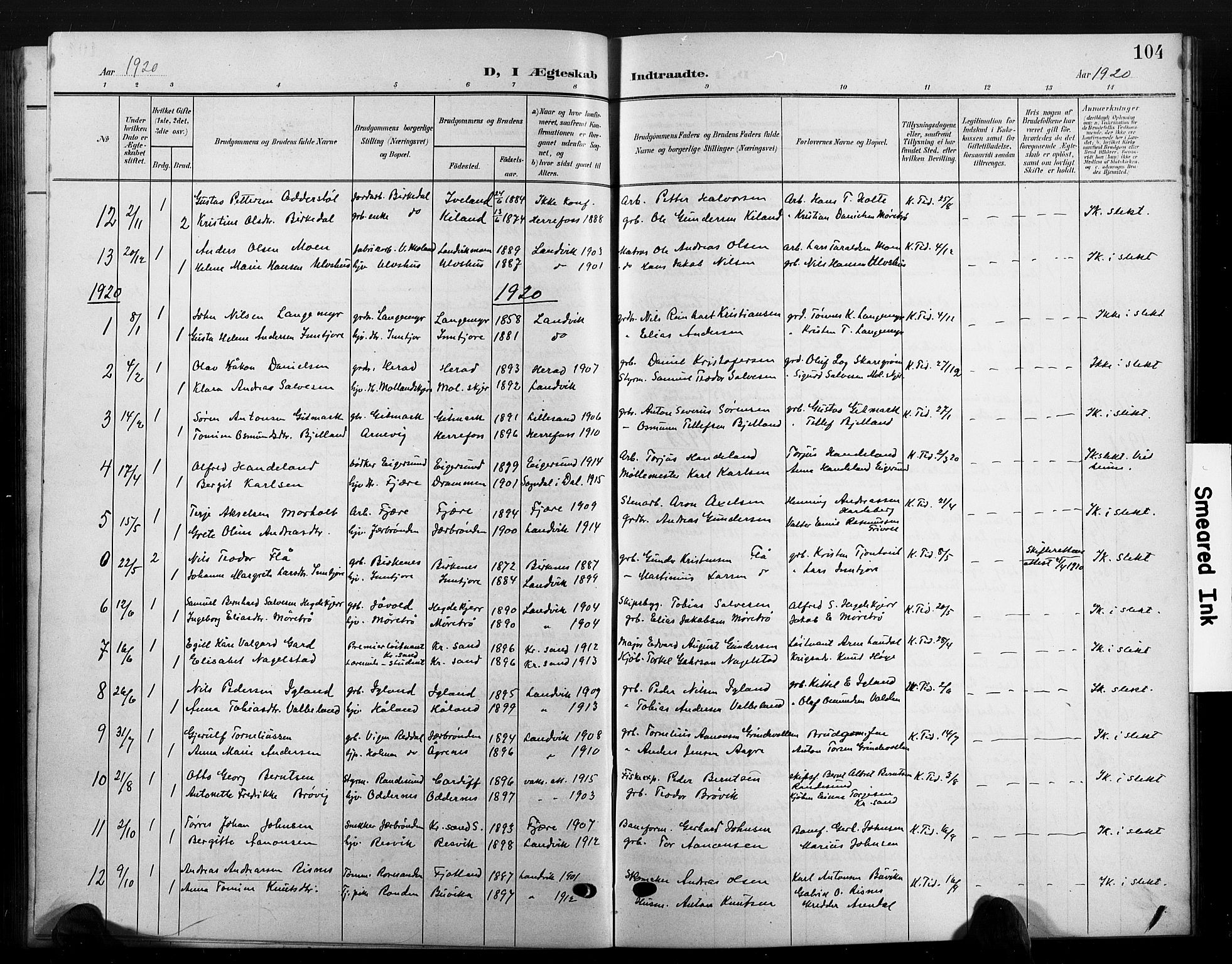 Hommedal sokneprestkontor, AV/SAK-1111-0023/F/Fb/Fbb/L0008: Parish register (copy) no. B 8, 1905-1929, p. 104
