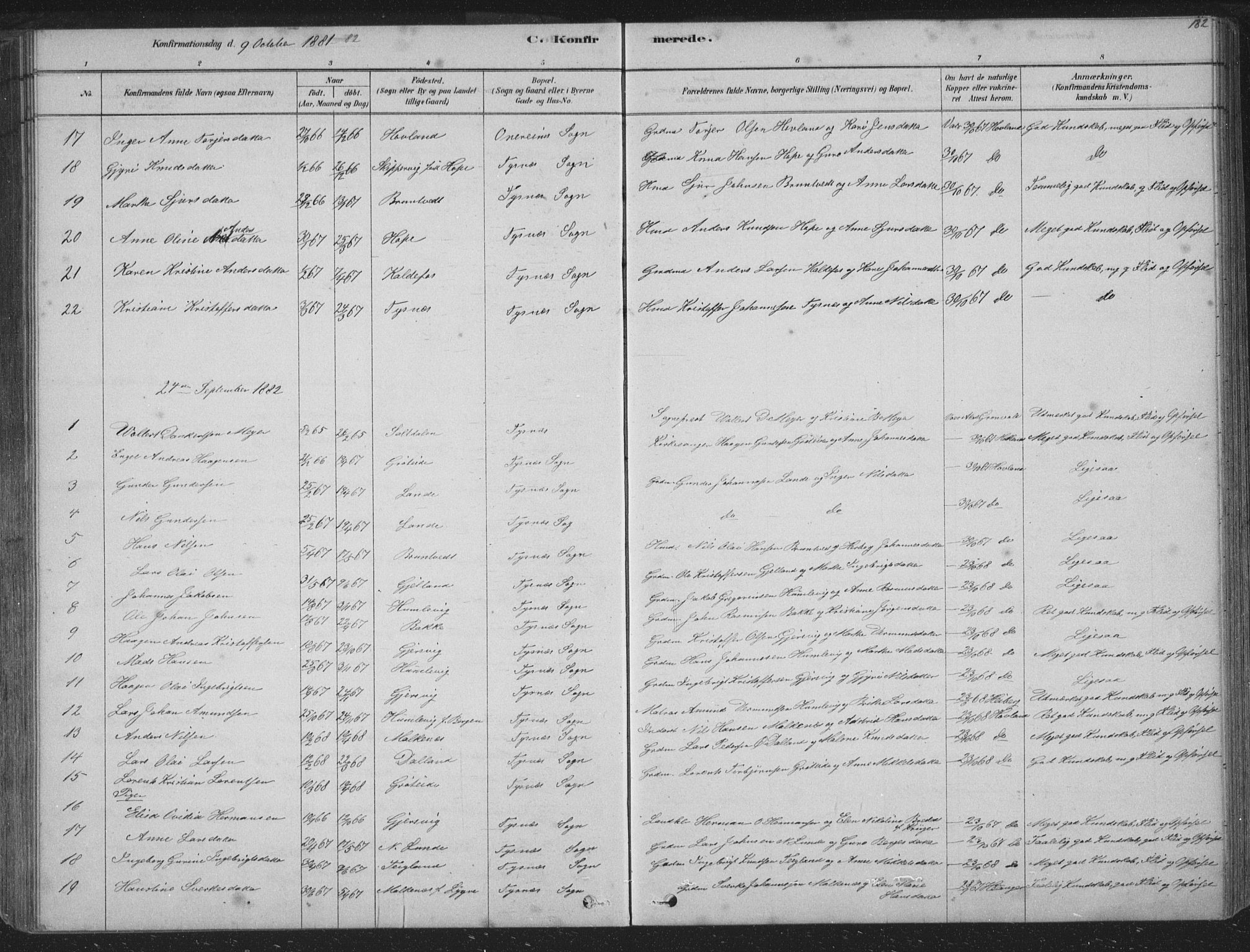 Tysnes sokneprestembete, AV/SAB-A-78601/H/Hab: Parish register (copy) no. B 2, 1878-1918, p. 182