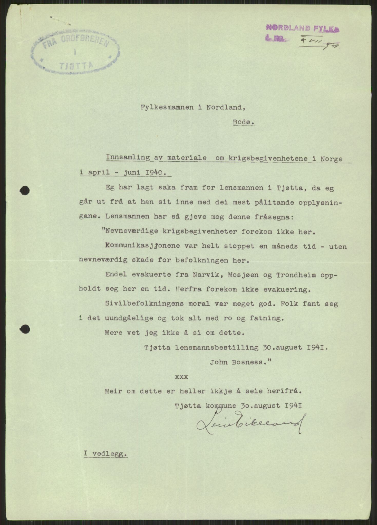 Forsvaret, Forsvarets krigshistoriske avdeling, RA/RAFA-2017/Y/Ya/L0017: II-C-11-31 - Fylkesmenn.  Rapporter om krigsbegivenhetene 1940., 1940, p. 365