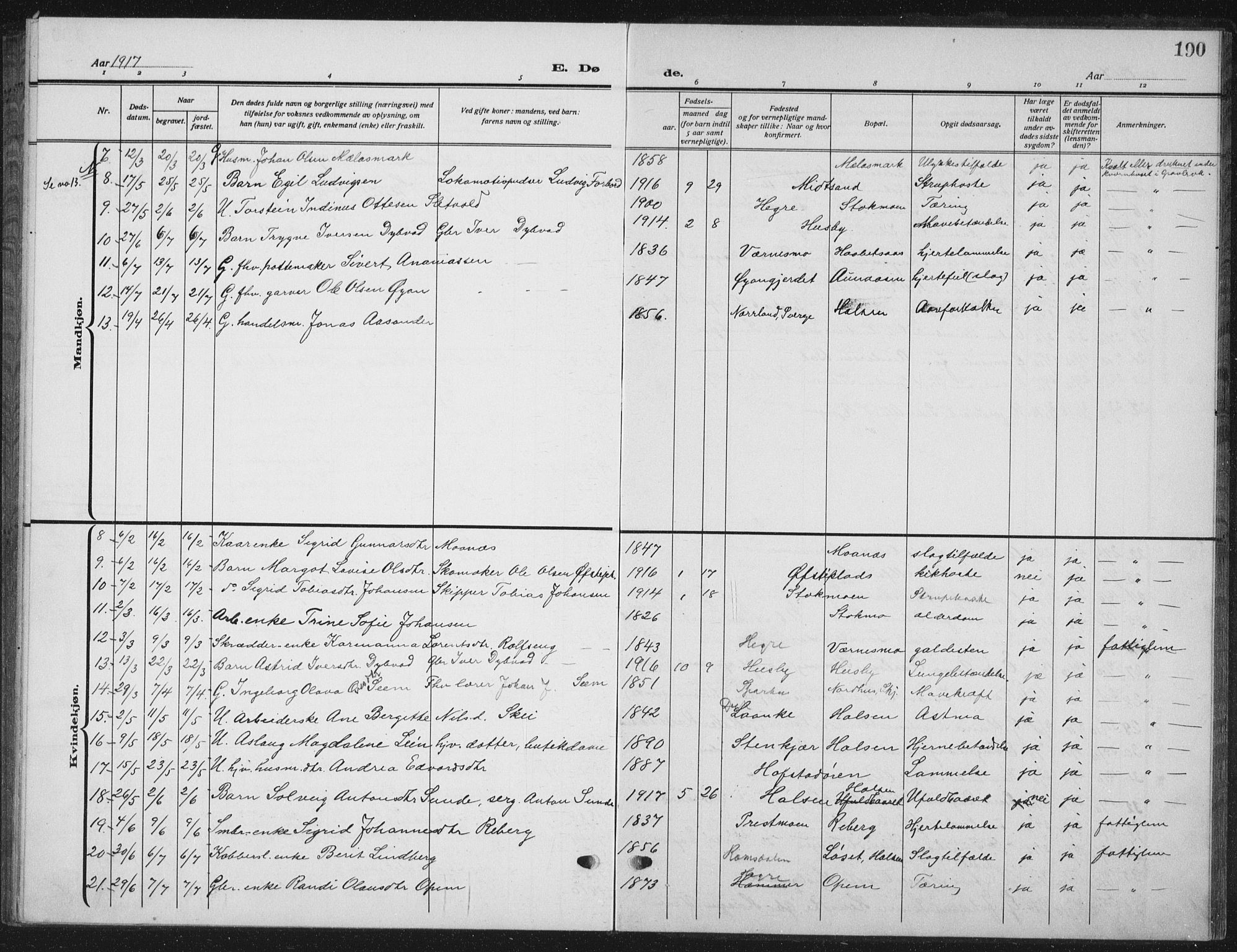 Ministerialprotokoller, klokkerbøker og fødselsregistre - Nord-Trøndelag, SAT/A-1458/709/L0088: Parish register (copy) no. 709C02, 1914-1934, p. 190