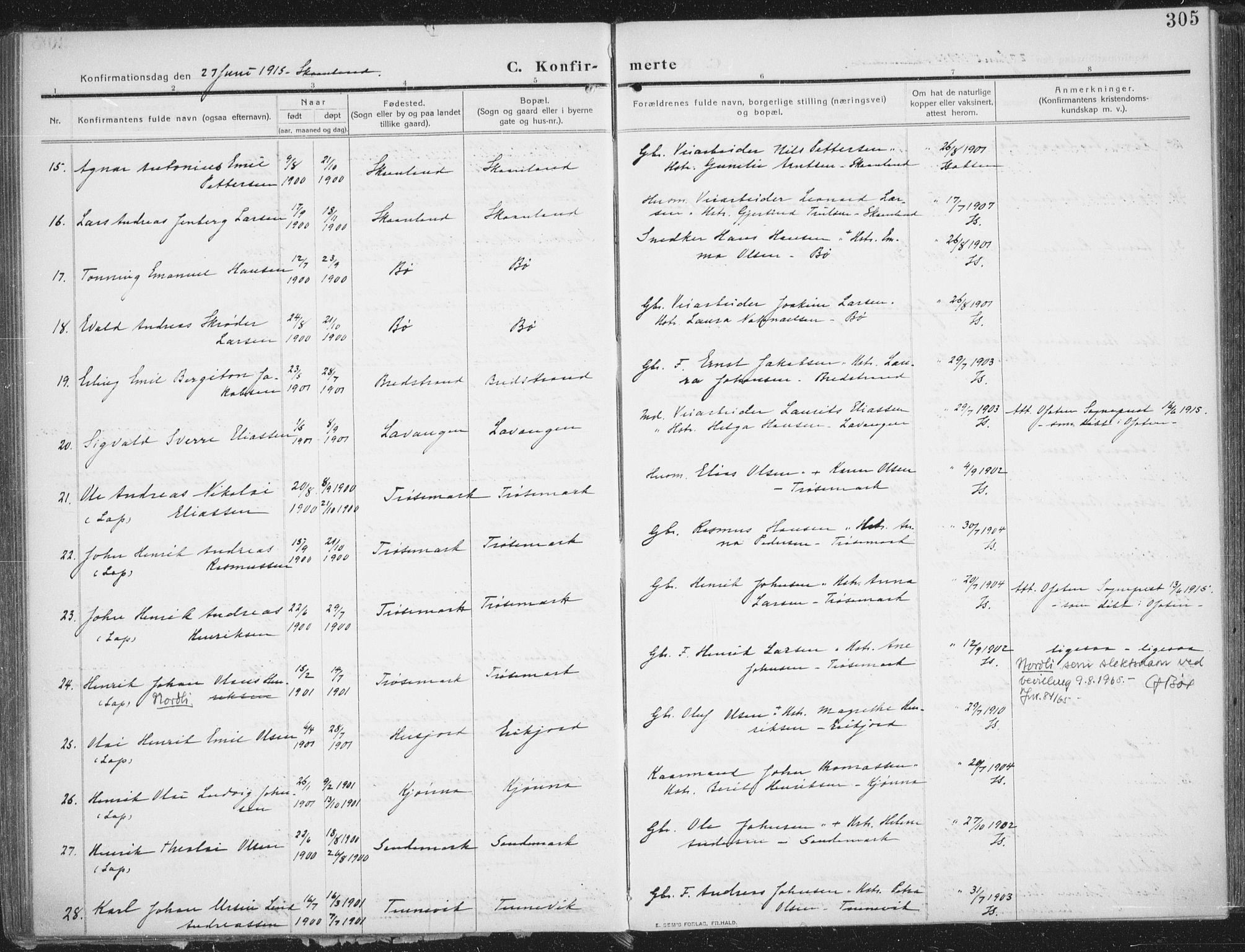 Trondenes sokneprestkontor, AV/SATØ-S-1319/H/Ha/L0018kirke: Parish register (official) no. 18, 1909-1918, p. 305