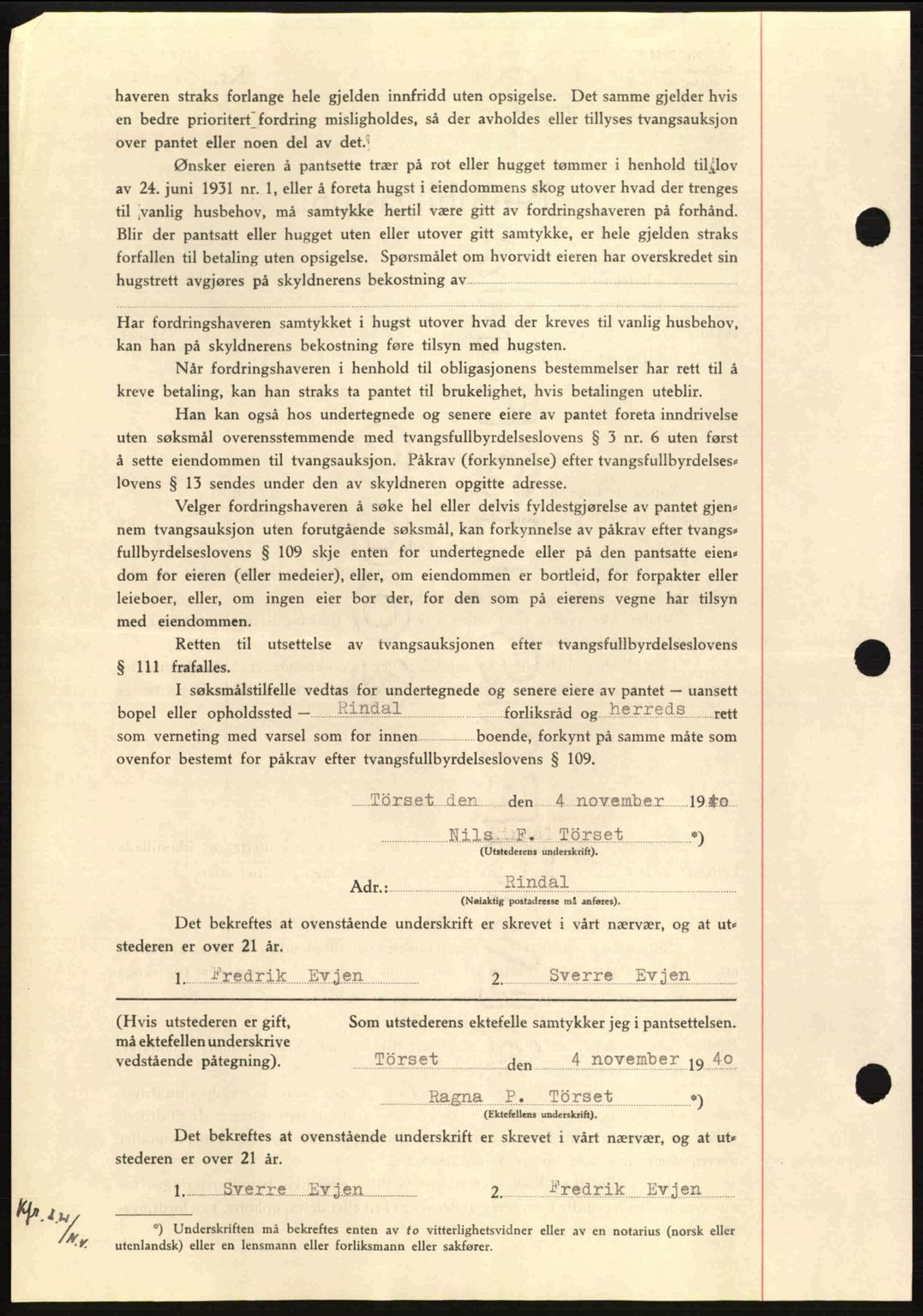 Nordmøre sorenskriveri, AV/SAT-A-4132/1/2/2Ca: Mortgage book no. B87, 1940-1941, Diary no: : 2108/1940