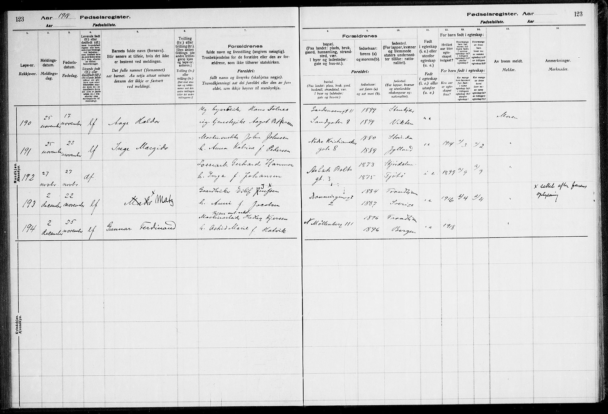 Ministerialprotokoller, klokkerbøker og fødselsregistre - Sør-Trøndelag, AV/SAT-A-1456/600/L0002: Birth register no. 600.II.4.1, 1916-1920, p. 123