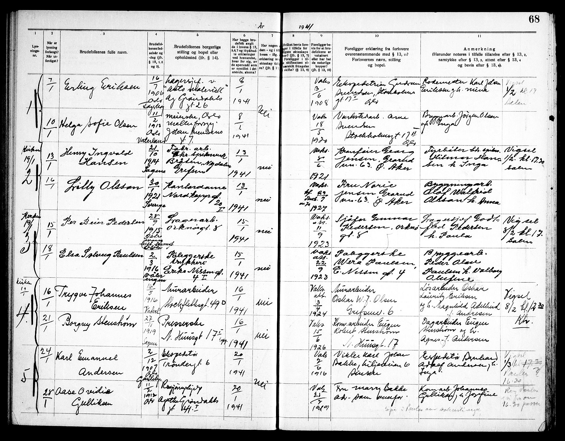 Torshov prestekontor Kirkebøker, SAO/A-10238a/H/Ha/L0002: Banns register no. 2, 1938-1945, p. 68