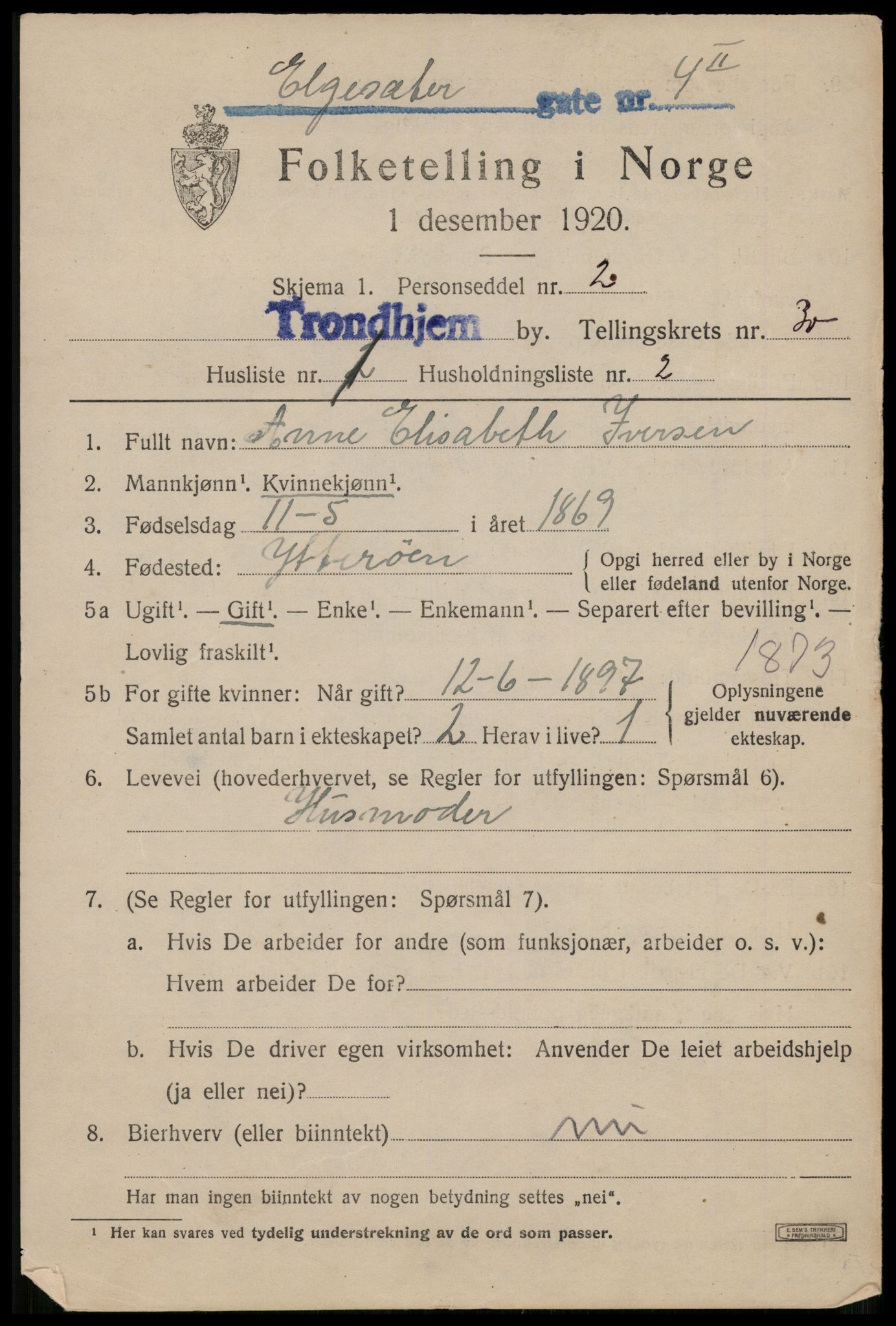 SAT, 1920 census for Trondheim, 1920, p. 73498