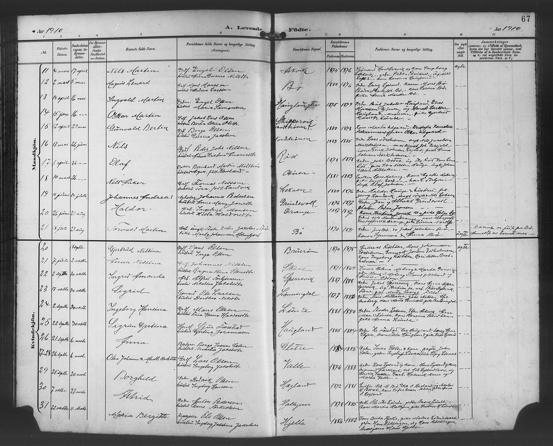 Os sokneprestembete, AV/SAB-A-99929: Parish register (copy) no. A 3, 1897-1913, p. 67