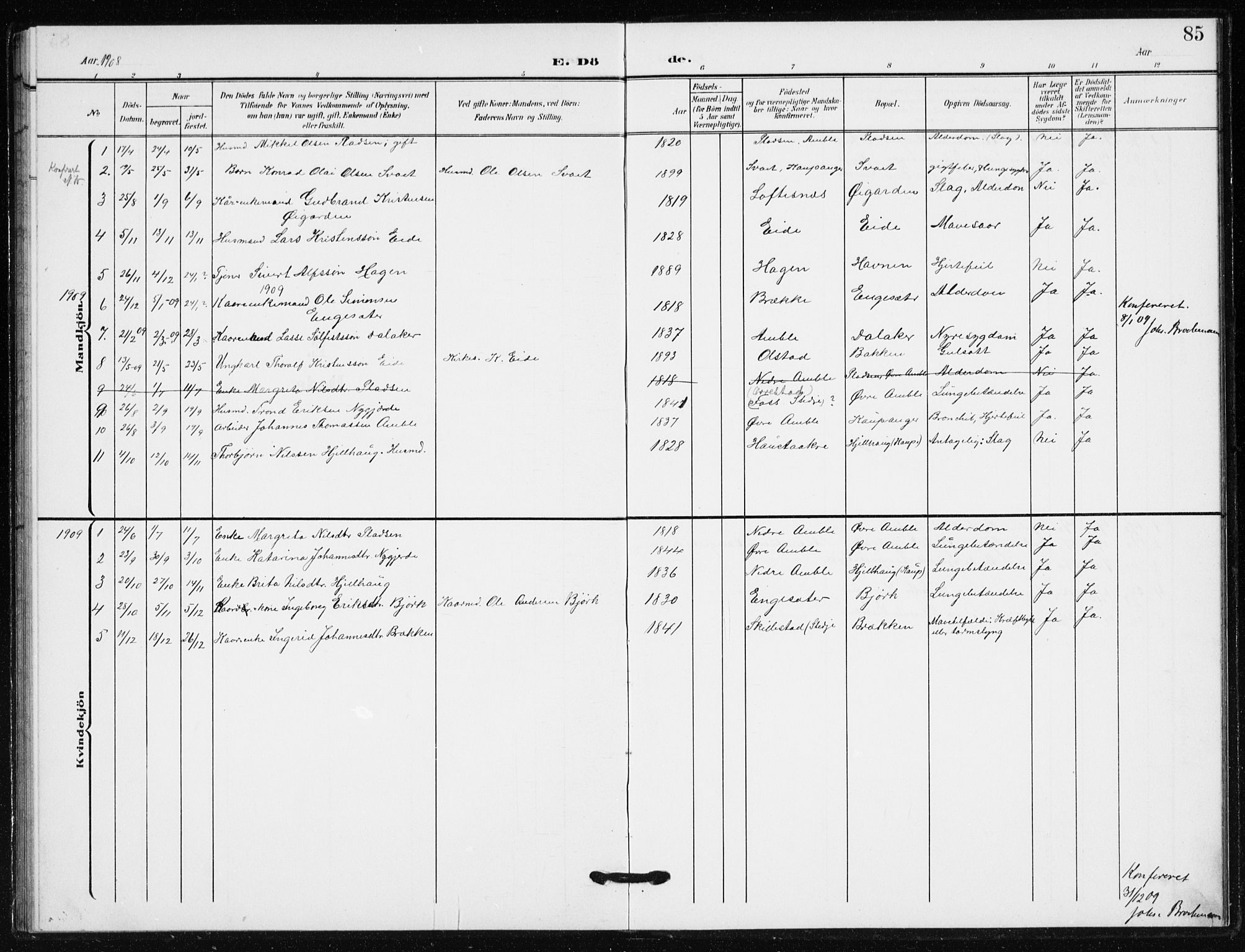 Sogndal sokneprestembete, AV/SAB-A-81301/H/Hab/Habb/L0002: Parish register (copy) no. B 2, 1908-1933, p. 85