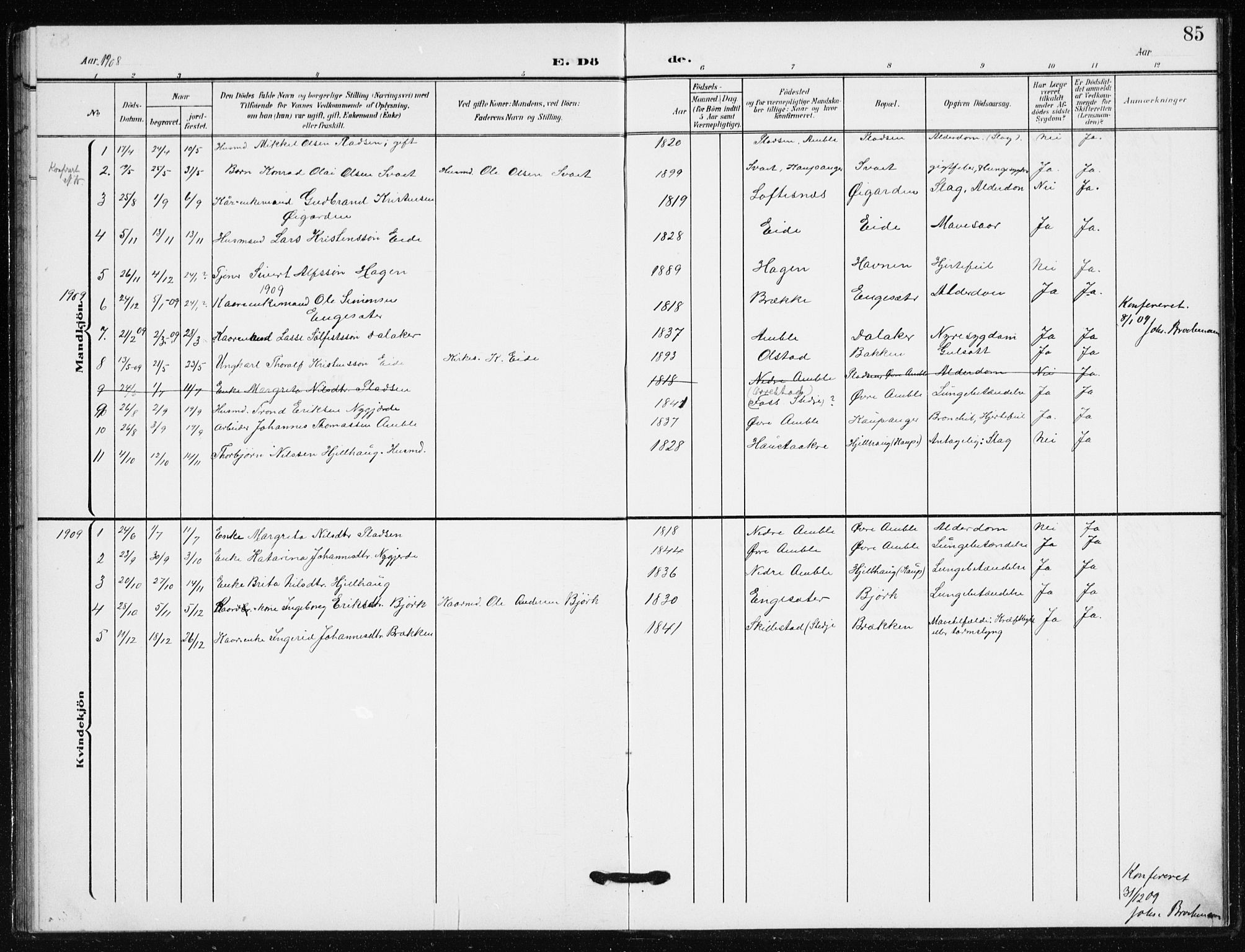 Sogndal sokneprestembete, AV/SAB-A-81301/H/Hab/Habb/L0002: Parish register (copy) no. B 2, 1908-1933, p. 85