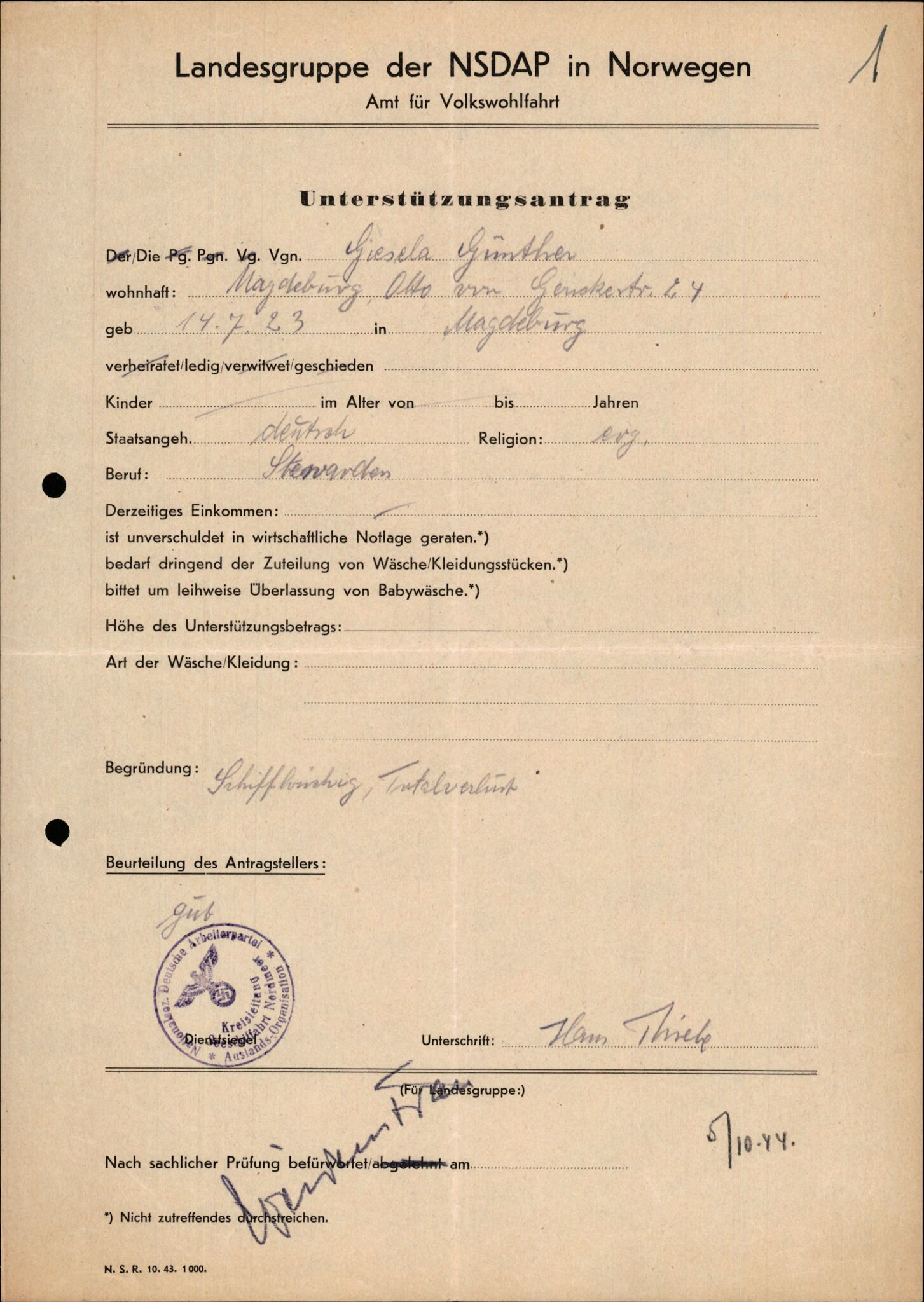 Forsvarets Overkommando. 2 kontor. Arkiv 11.4. Spredte tyske arkivsaker, AV/RA-RAFA-7031/D/Dar/Darb/L0015: Reichskommissariat - NSDAP in Norwegen, 1938-1945, p. 691