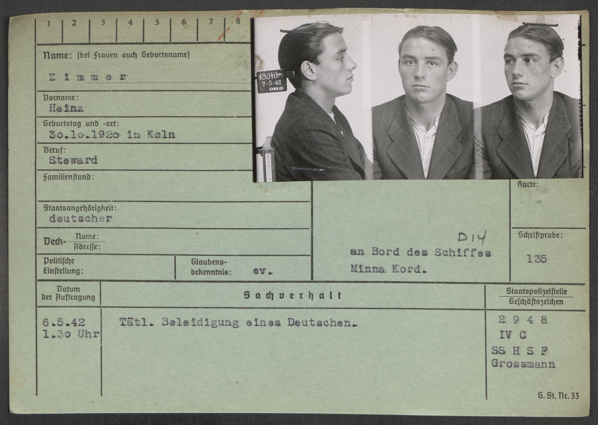 Befehlshaber der Sicherheitspolizei und des SD, RA/RAFA-5969/E/Ea/Eaa/L0010: Register over norske fanger i Møllergata 19: Sø-Å, 1940-1945, p. 1194