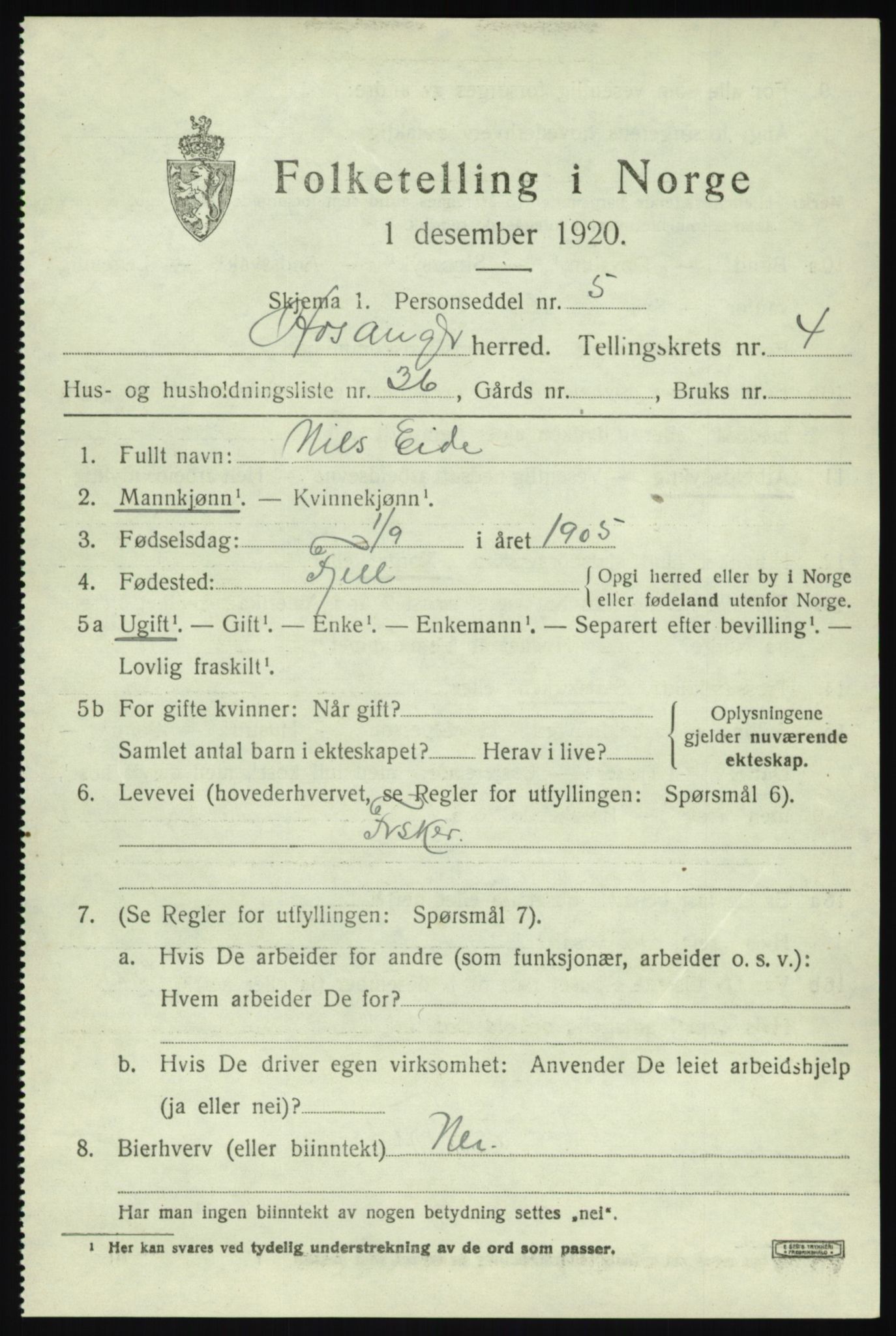 SAB, 1920 census for Hosanger, 1920, p. 2315