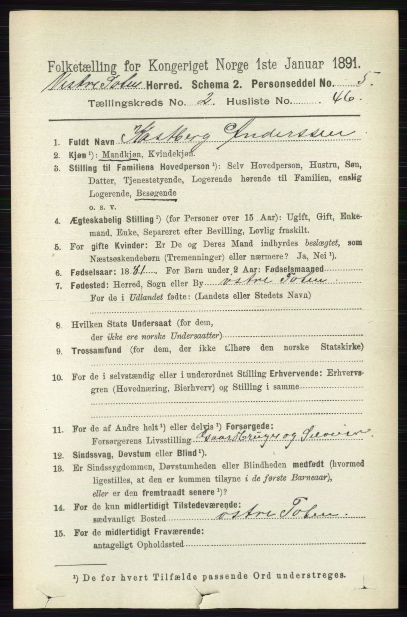 RA, 1891 census for 0529 Vestre Toten, 1891, p. 1699