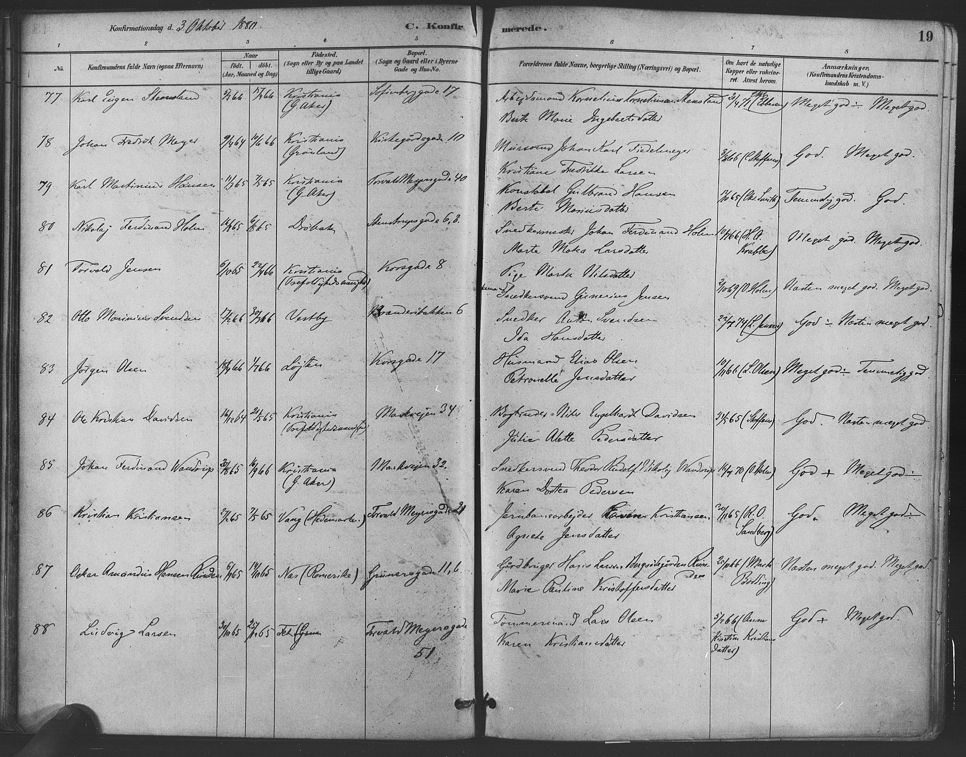 Paulus prestekontor Kirkebøker, AV/SAO-A-10871/F/Fa/L0004: Parish register (official) no. 4, 1879-1891, p. 19