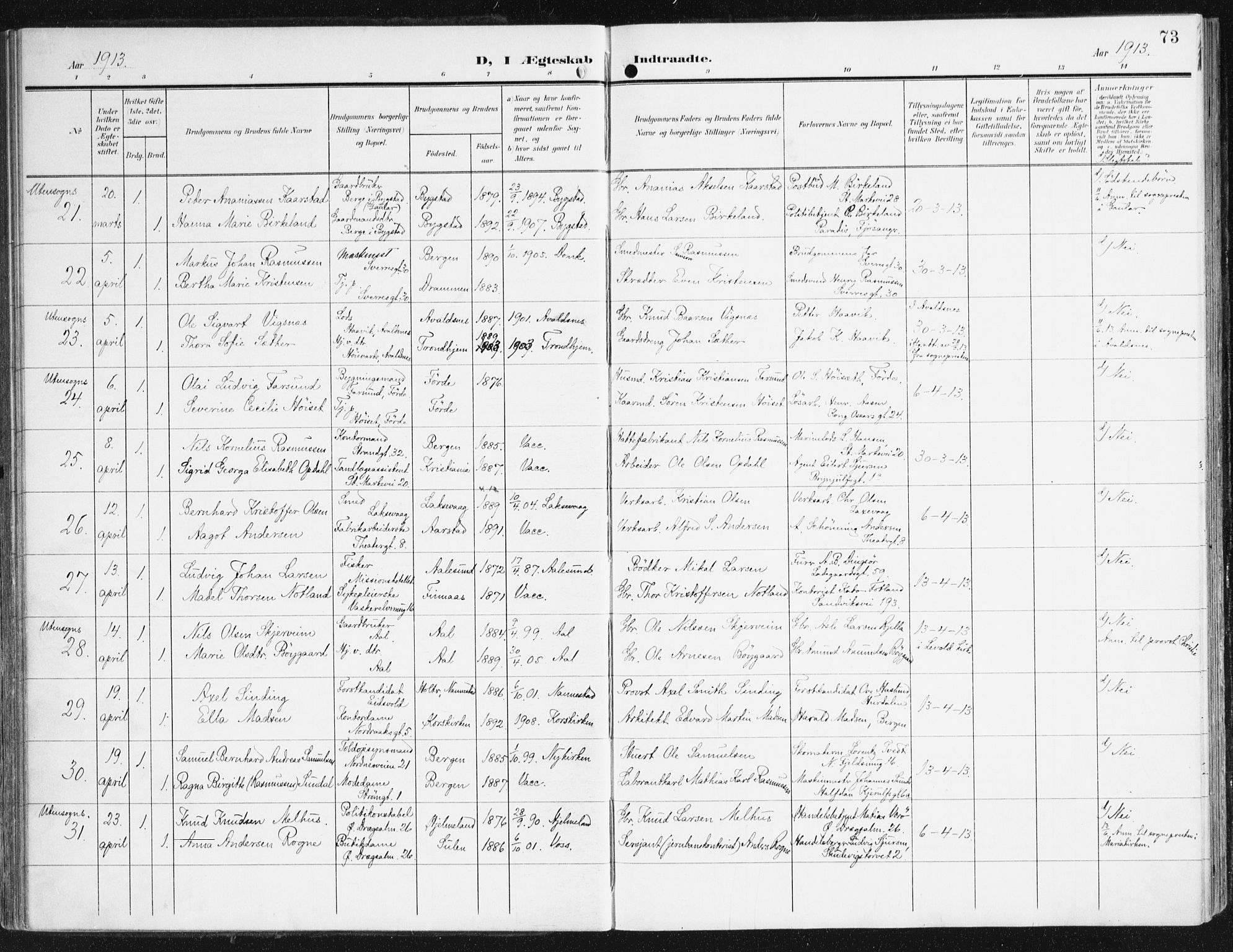 Domkirken sokneprestembete, AV/SAB-A-74801/H/Haa/L0038: Parish register (official) no. D 5, 1906-1921, p. 73