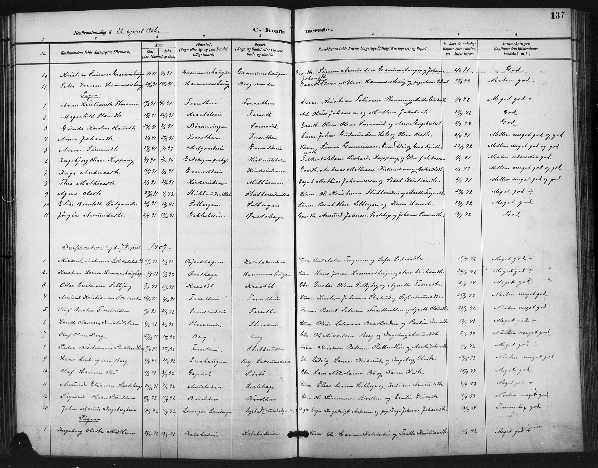 Vestre Gausdal prestekontor, SAH/PREST-094/H/Ha/Hab/L0003: Parish register (copy) no. 3, 1896-1925, p. 137