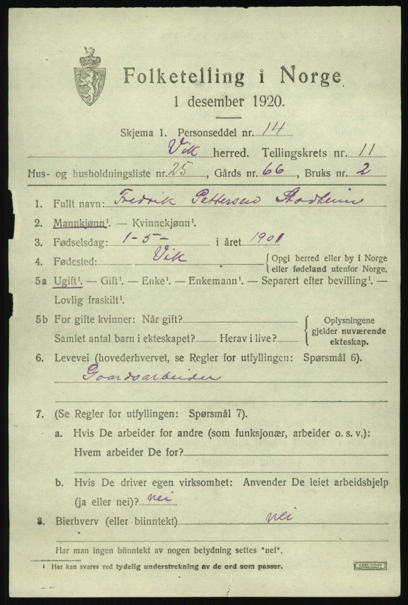 SAB, 1920 census for Vik, 1920, p. 6759