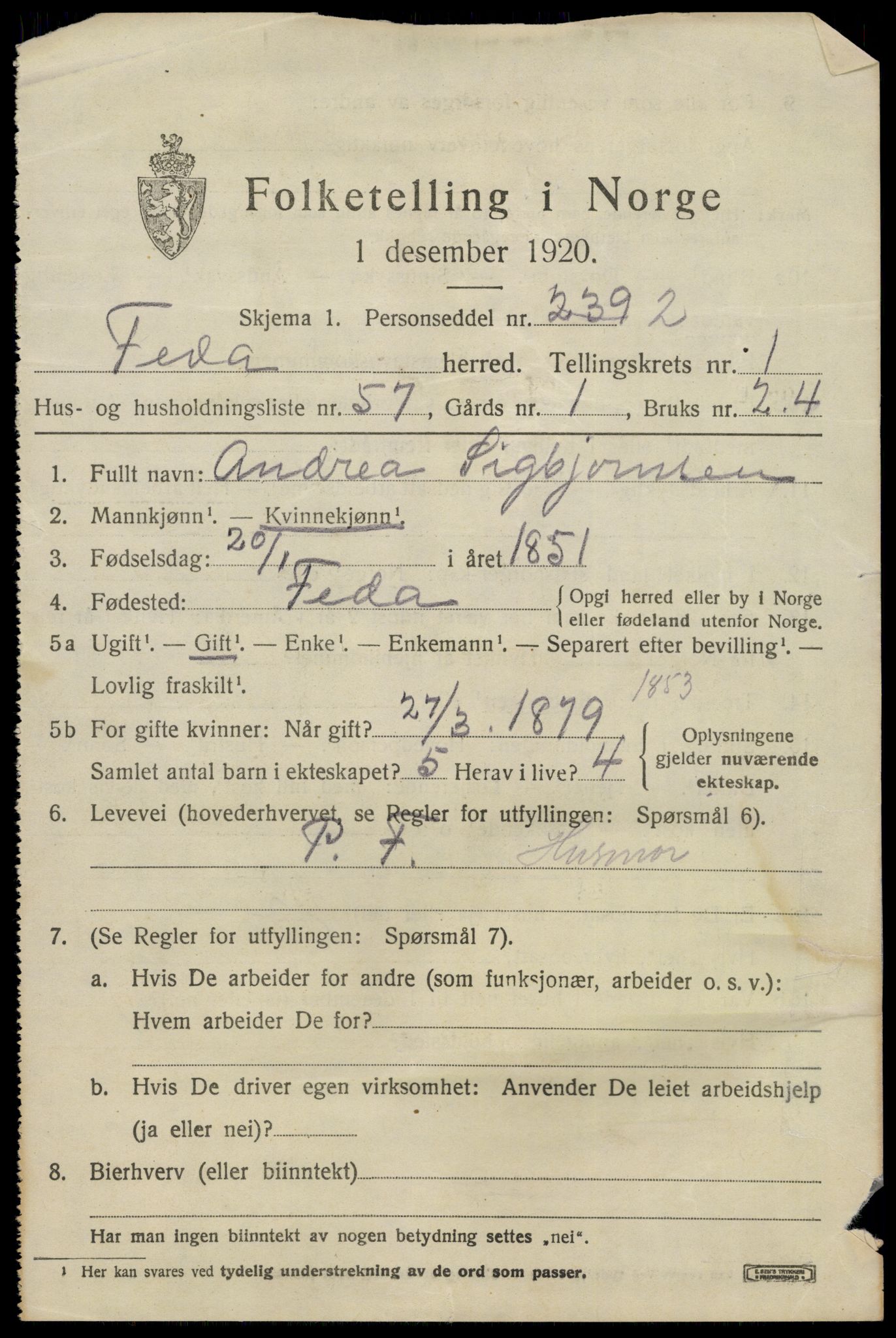 SAK, 1920 census for Feda, 1920, p. 929