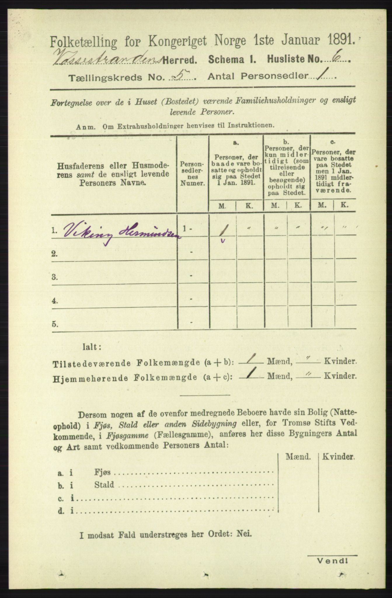 RA, 1891 census for 1236 Vossestrand, 1891, p. 1856