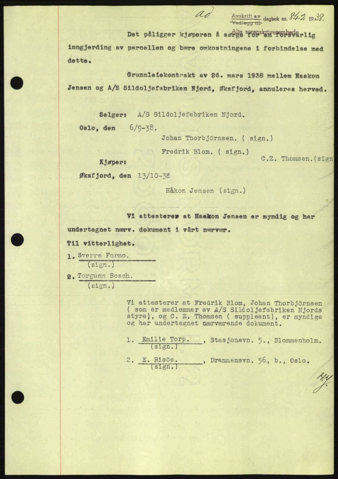 Alta fogderi/sorenskriveri, SATØ/SATØ-5/1/K/Kd/L0031pantebok: Mortgage book no. 31, 1938-1939, Diary no: : 842/1938