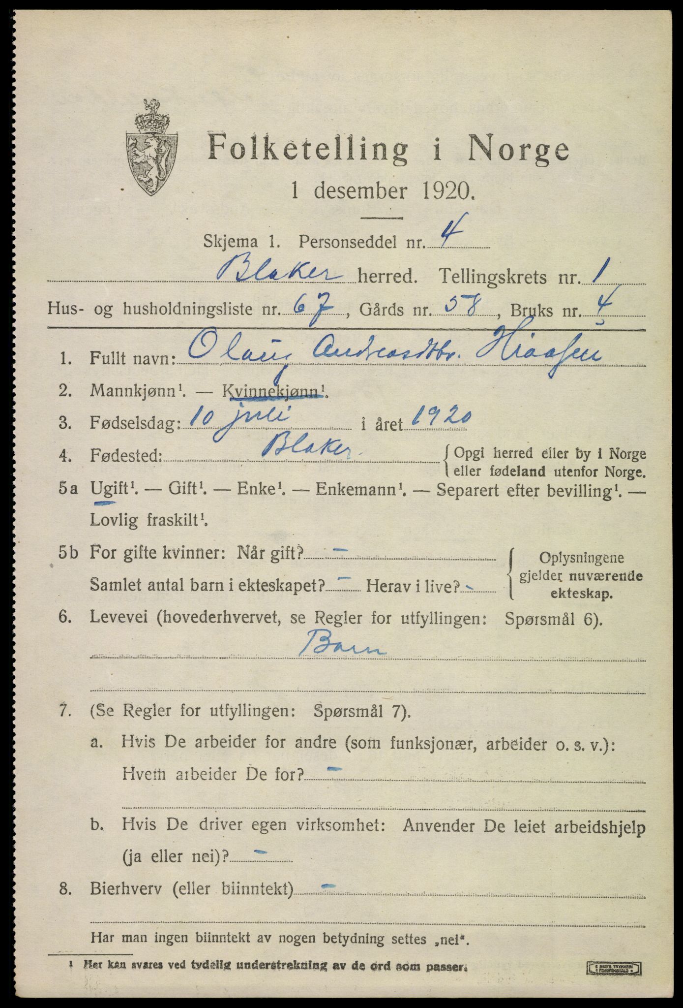 SAO, 1920 census for Blaker, 1920, p. 1463