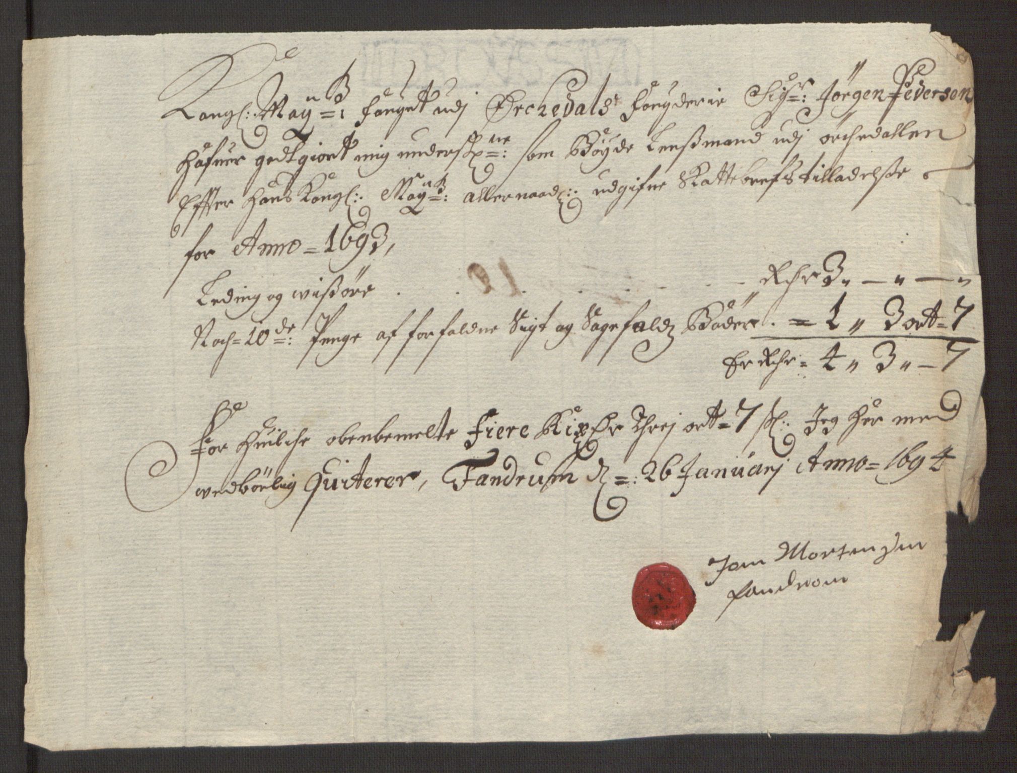 Rentekammeret inntil 1814, Reviderte regnskaper, Fogderegnskap, AV/RA-EA-4092/R58/L3938: Fogderegnskap Orkdal, 1693, p. 198