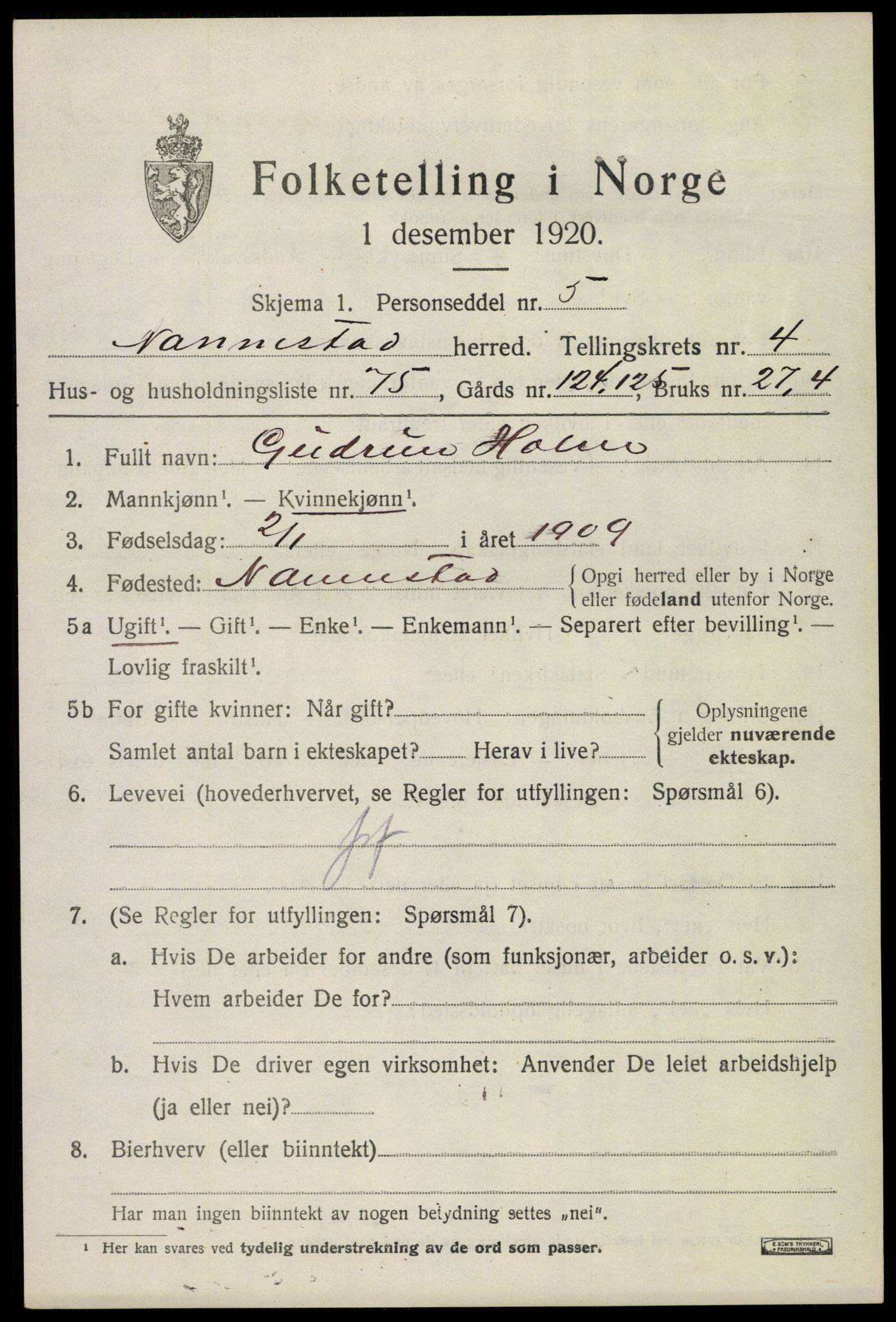 SAO, 1920 census for Nannestad, 1920, p. 5825