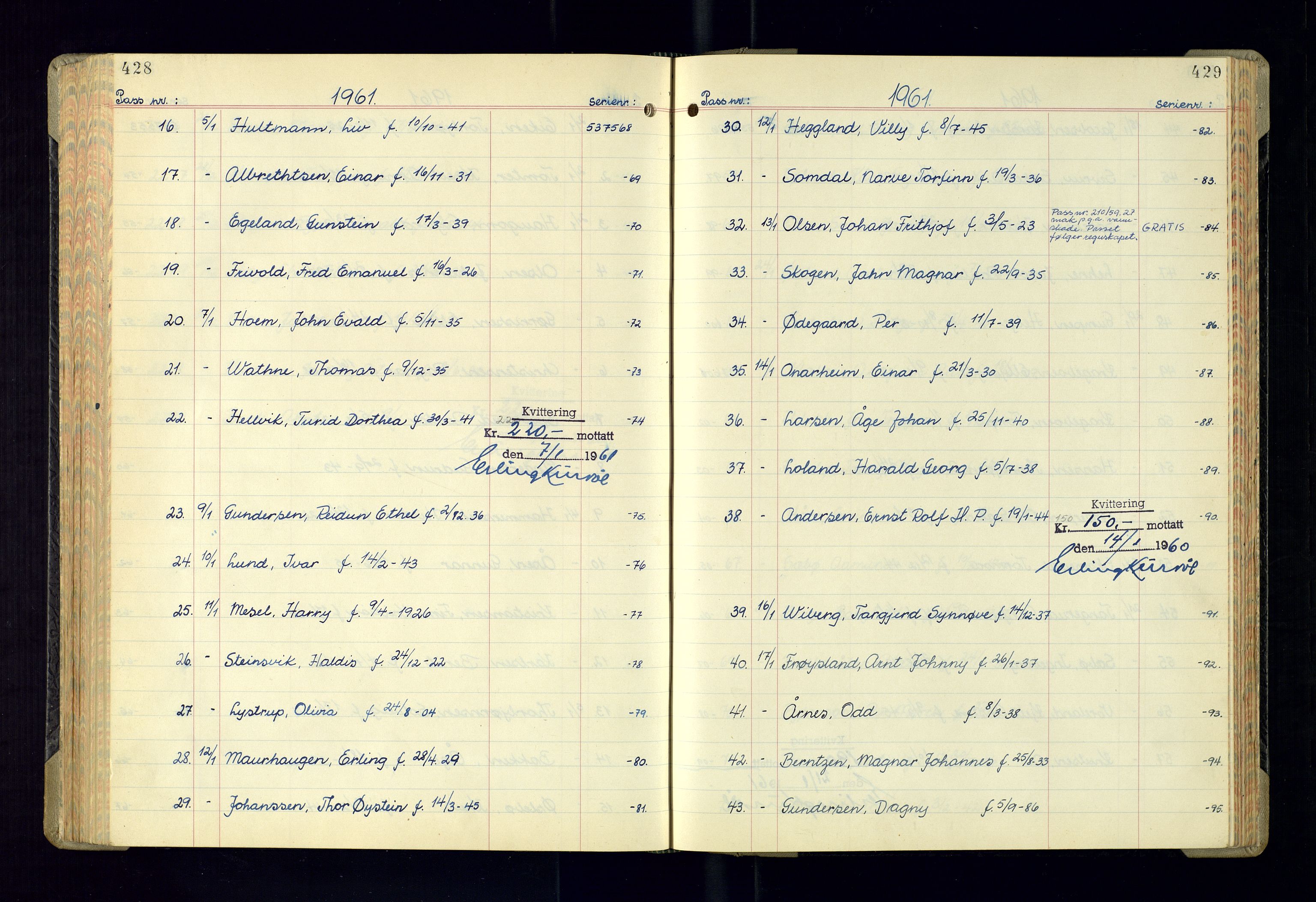 Kristiansand politikammer - 2, AV/SAK-1243-0009/K/Ka/Kaa/L0614: Passprotokoll, liste med løpenumre, 1958-1962, p. 428-429