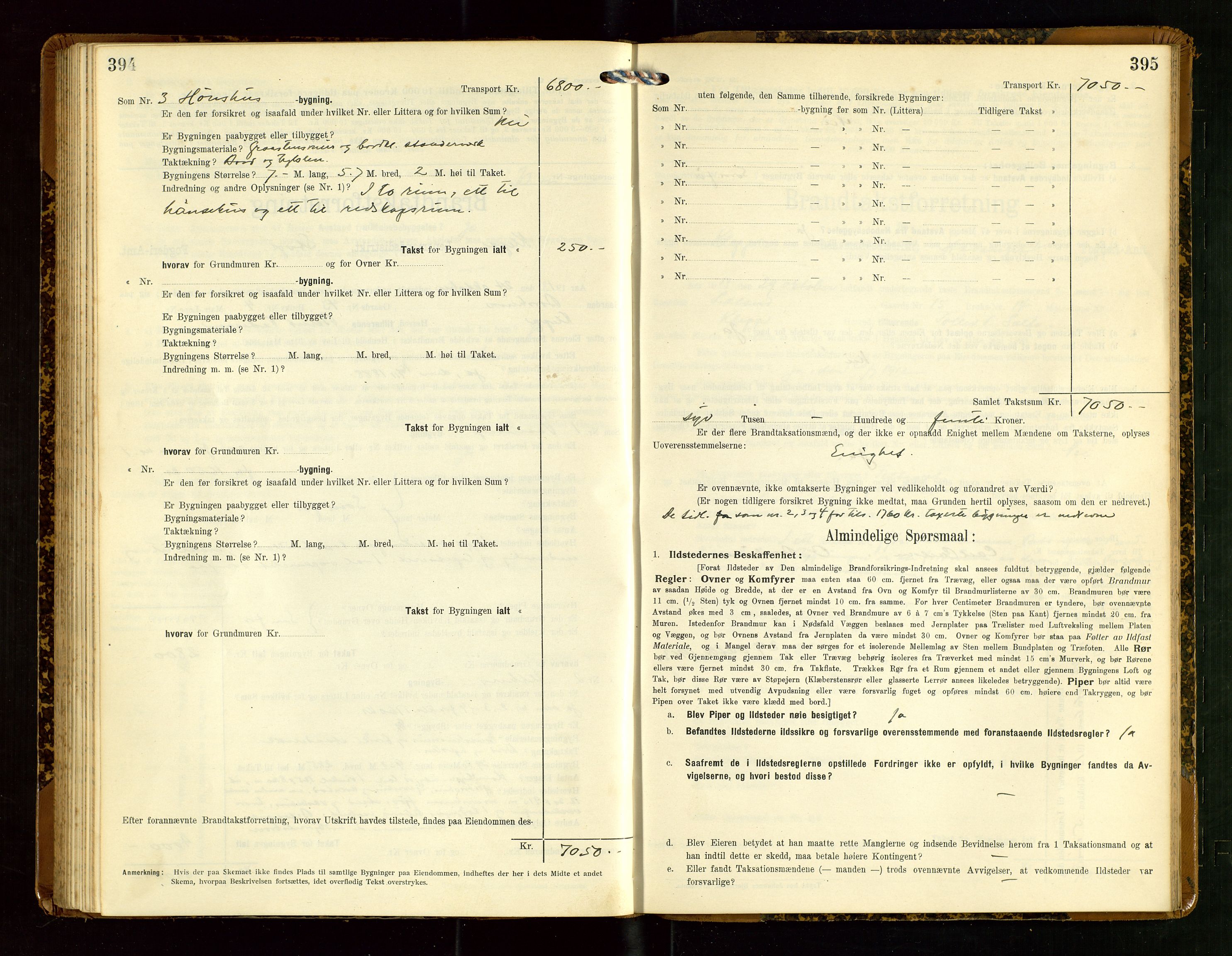 Klepp lensmannskontor, AV/SAST-A-100163/Goc/L0007: "Brandtaxationsprotokol" m/register, 1911-1915, p. 394-395