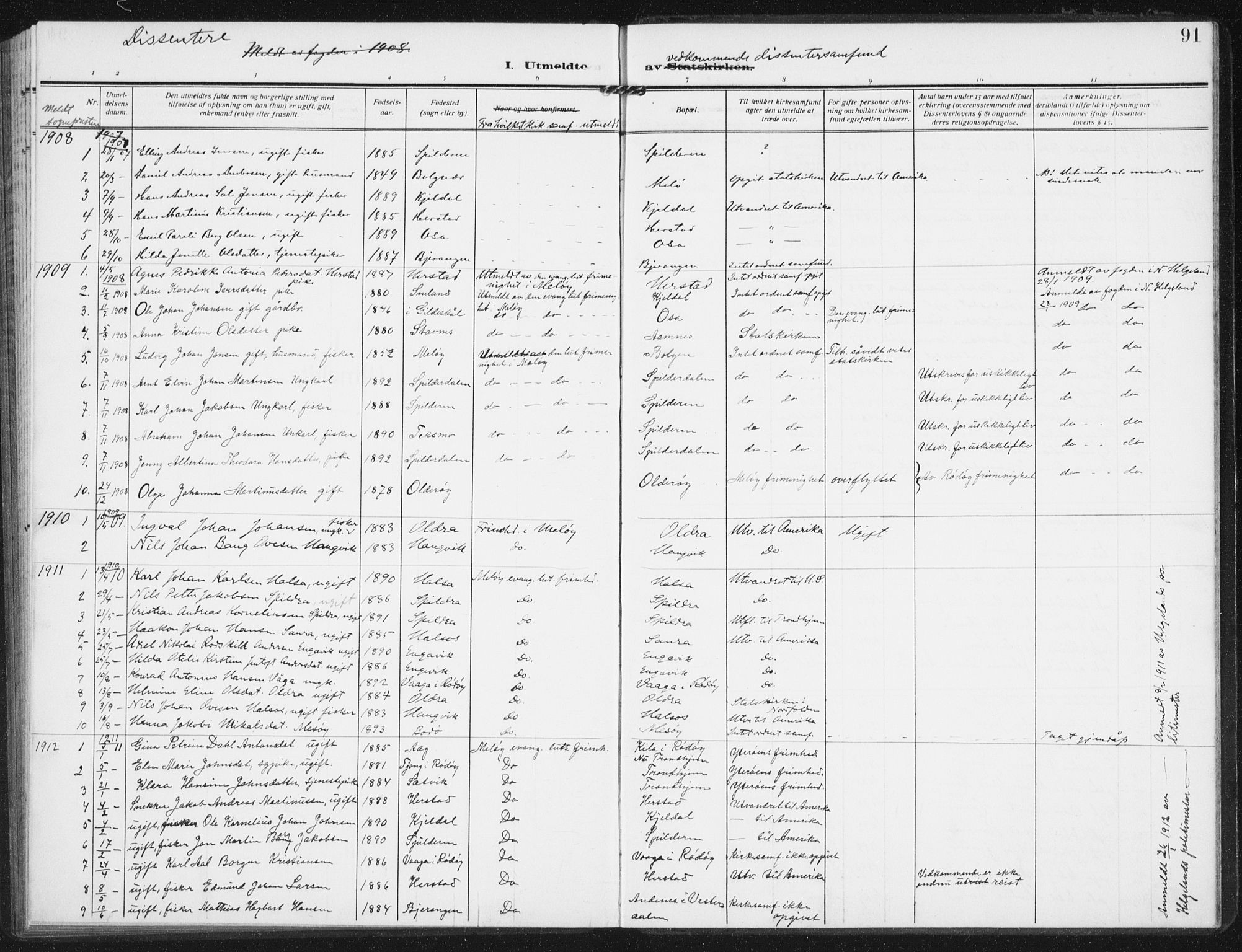 Ministerialprotokoller, klokkerbøker og fødselsregistre - Nordland, SAT/A-1459/843/L0629: Parish register (official) no. 843A04, 1907-1925, p. 91