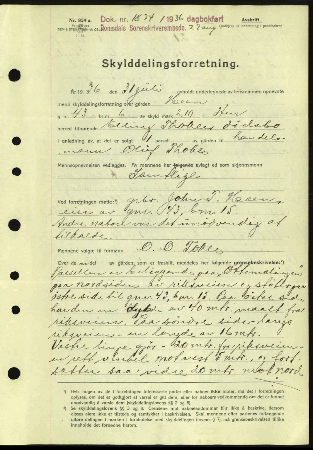 Romsdal sorenskriveri, AV/SAT-A-4149/1/2/2C: Mortgage book no. A1, 1936-1936, Diary no: : 1874/1936